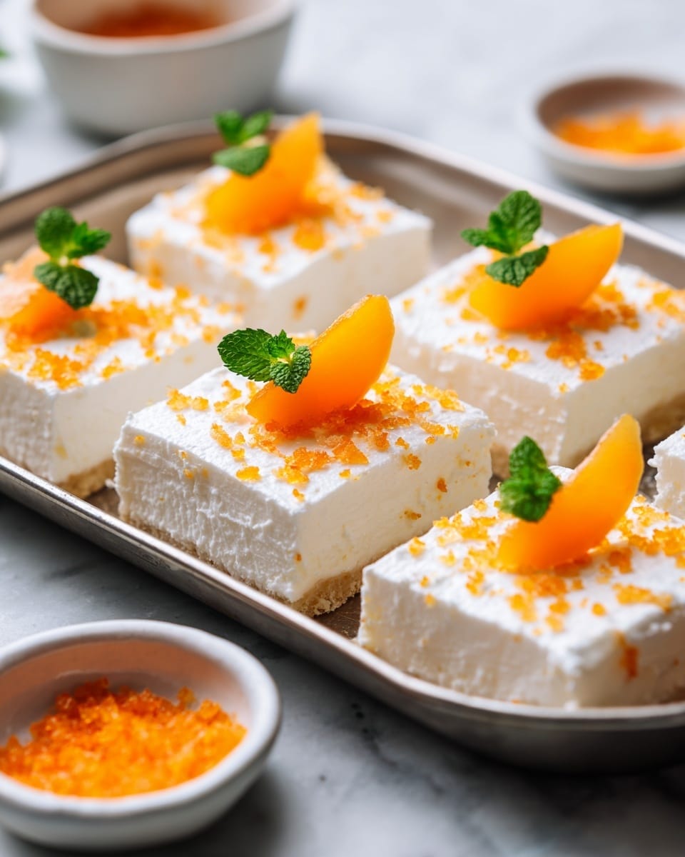 A close-up image of a single square piece of creamsicle cake on a white plate with a delicate black pattern. The cake has three visible layers: a base layer of yellow and orange sponge cake with a soft texture, a middle layer of thick white cream with orange sprinkles scattered on top, and a small orange jelly candy cube garnished with a small bright green mint leaf sitting upright in the center on the cream. In the background, blurred pieces of similar cake sit on a white marbled surface with a blue and white striped cloth partially visible. A silver fork rests near the front right edge of the plate. Photo taken with an iphone --ar 4:5 --v 7