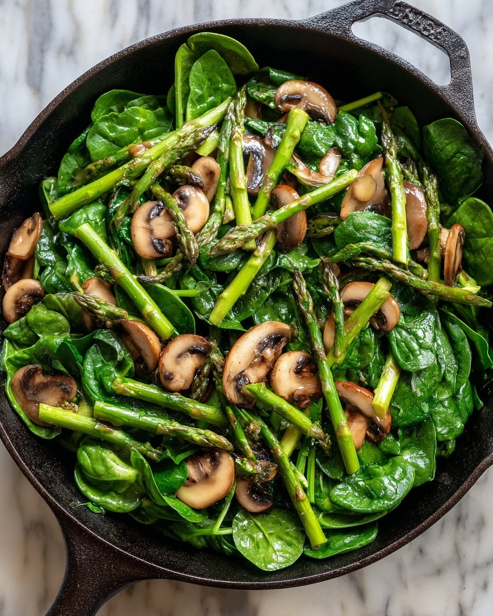 The image shows a black cast iron pan filled with fresh green spinach leaves forming the bottom layer, topped with bright green asparagus pieces that are cut into medium lengths, and scattered light brown mushroom slices mixed throughout. The vegetables look lightly cooked with a slight shine, and the pan is set on what appears to be a white marbled surface. Photo taken with an iphone --ar 4:5 --v 7