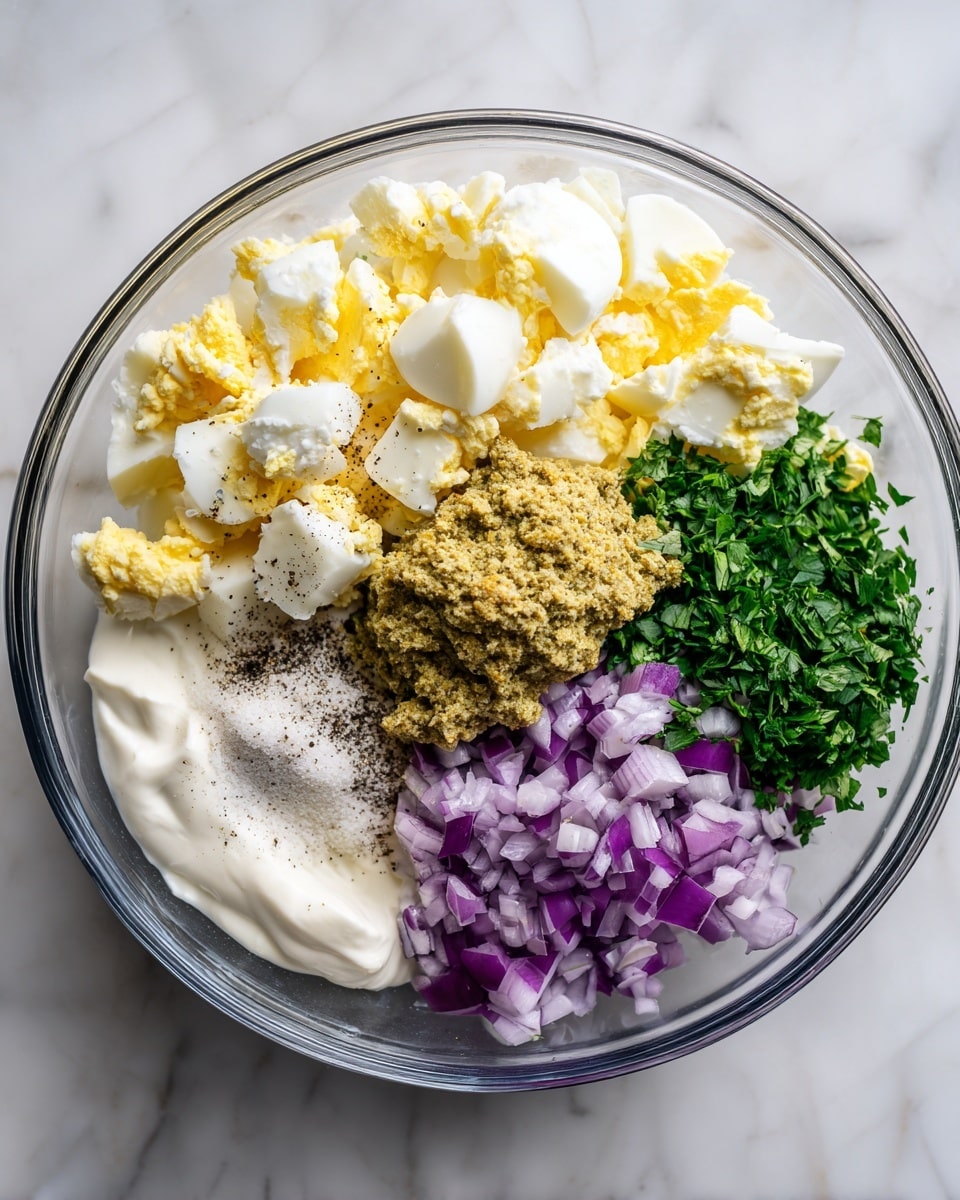 A clear glass bowl sits on a white marbled texture, filled with separate layers of food ingredients: chopped hard boiled eggs with bright white and yellow pieces on the left side, a dollop of grainy mustard with a brownish-yellow color in the center, fresh green chopped herbs on the right, small diced purple onions beneath the herbs, a thick white cream sauce at the bottom left, a sprinkle of black pepper beside the cream, and a pinch of white salt near the onions. Each ingredient is clearly visible as separate sections in the bowl, showing a mix of soft and textured surfaces. photo taken with an iphone --ar 4:5 --v 7