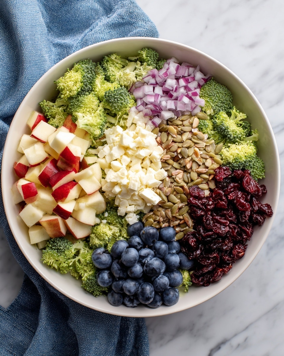 A white bowl is filled with a colorful salad arranged in layers. The bottom layer is made of green broccoli florets spread evenly. On top, there are small cubes of red apple with cream inside on the left side, finely chopped red onions scattered on the top right, a pile of light beige sunflower seeds in the center, dark red dried cranberries on the right edge, and a cluster of plump blue blueberries at the bottom. The bowl is placed on a white marbled surface with a blue cloth nearby. photo taken with an iphone --ar 4:5 --v 7
