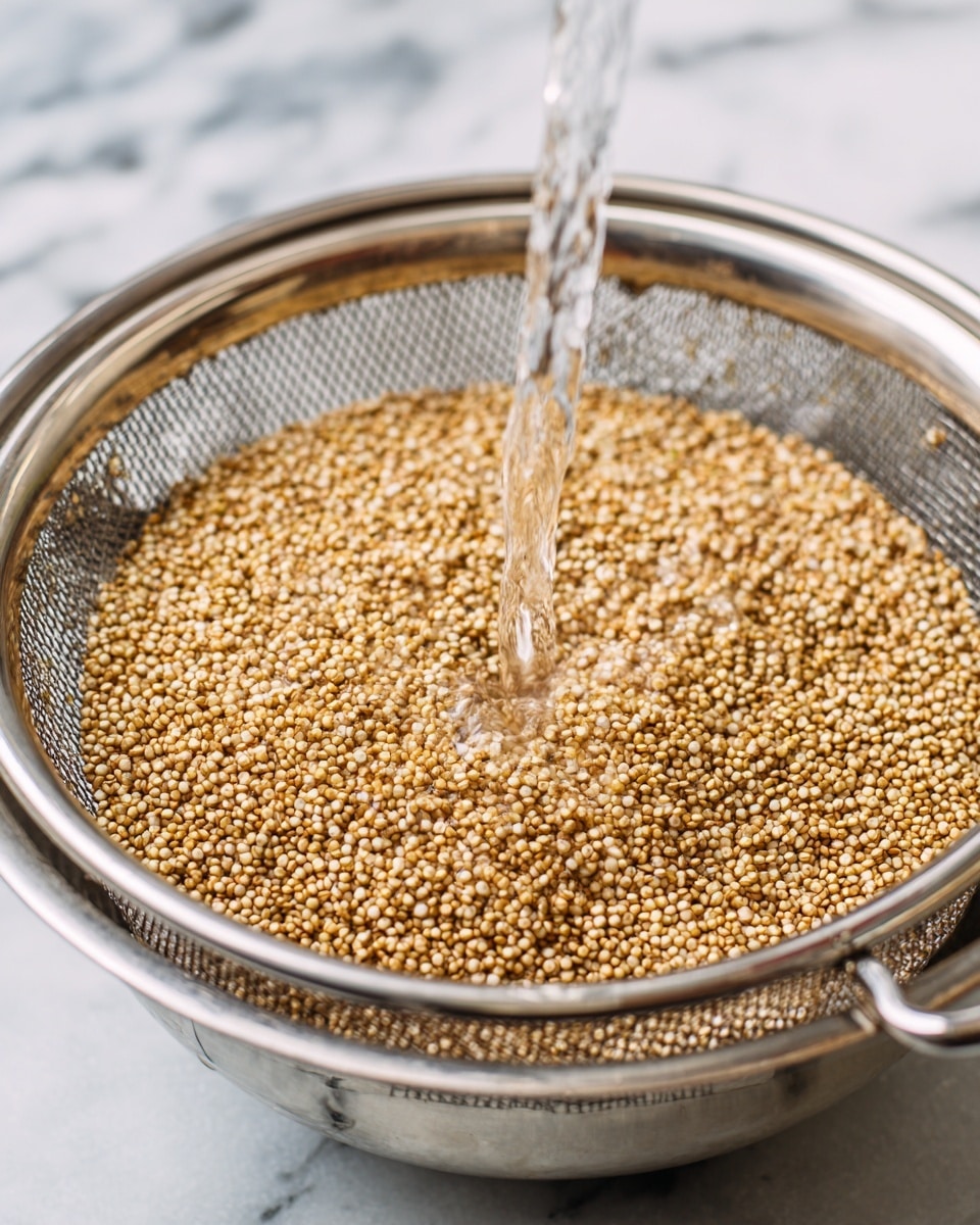 A close-up image shows a silver metal mesh strainer filled with small, round, beige-colored grains, likely quinoa, being rinsed under a clear, running water stream from above. The grains fill the strainer with a textured, slightly rough look, and the water creates a wet, shiny effect over them. The background and surface are white with a marbled texture. photo taken with an iphone --ar 4:5 --v 7
