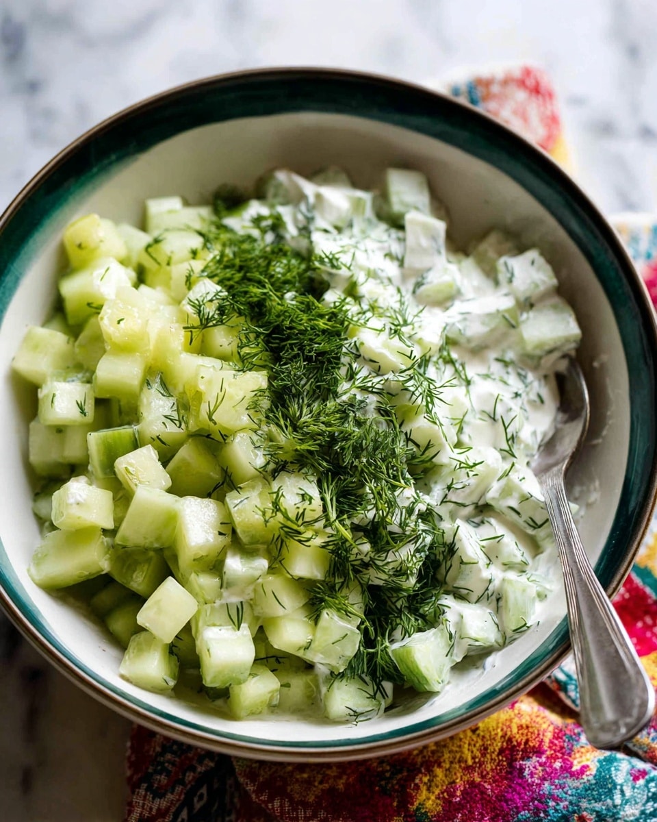 The image shows a close-up view of a creamy cucumber salad. The salad has large pale green cucumber chunks coated with a thick white creamy dressing. There are small bright green fresh dill leaves scattered evenly throughout the salad, adding texture and color contrast. The cucumbers have a smooth, shiny surface, and the creamy dressing looks smooth and rich, covering each cucumber piece. The image is tightly focused on the salad itself, without showing a plate or bowl, and the background is not visible. photo taken with an iphone --ar 4:5 --v 7
