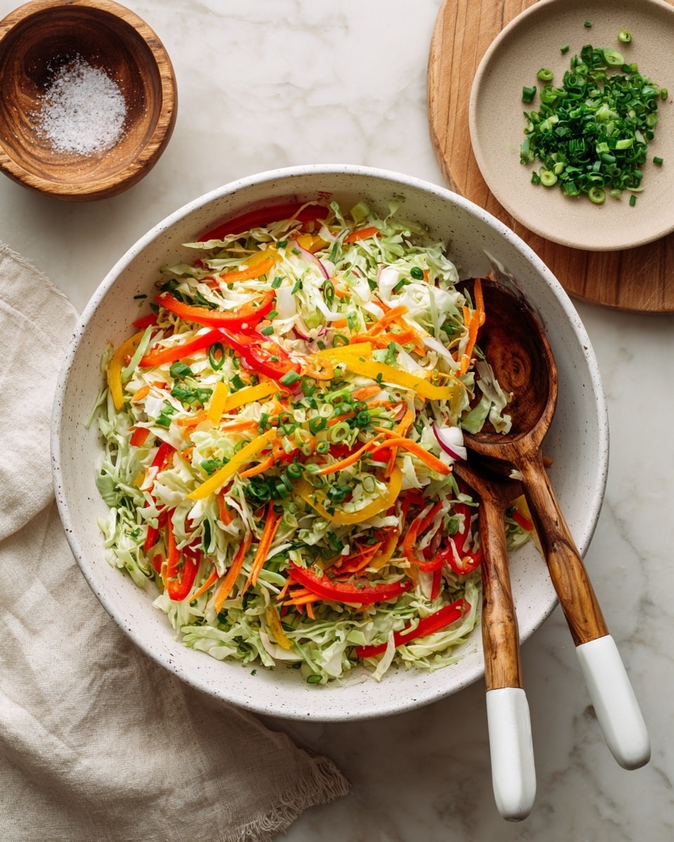A large white bowl filled with several colorful layers of ingredients placed on a white marbled surface. Starting from the left, there is pale yellow shredded cabbage, next to it bright red sliced bell peppers, then a pile of light tan crispy strips in the center, bright orange thin carrot sticks below, white shredded cooked meat on the bottom right, and a mix of chopped bright green herbs and scallions above the bell peppers. Around the bowl, there is a small beige dish with finely chopped green herbs at the top left, a small wooden bowl with extra crispy strips at the bottom right, along with three small bowls on a light wooden board holding a golden liquid, a creamy white sauce with an orange tint, and a chunky brown sauce with bits inside. A beige cloth and white cooking tools with wooden handles sit to the left side. Photo taken with an iphone --ar 4:5 --v 7