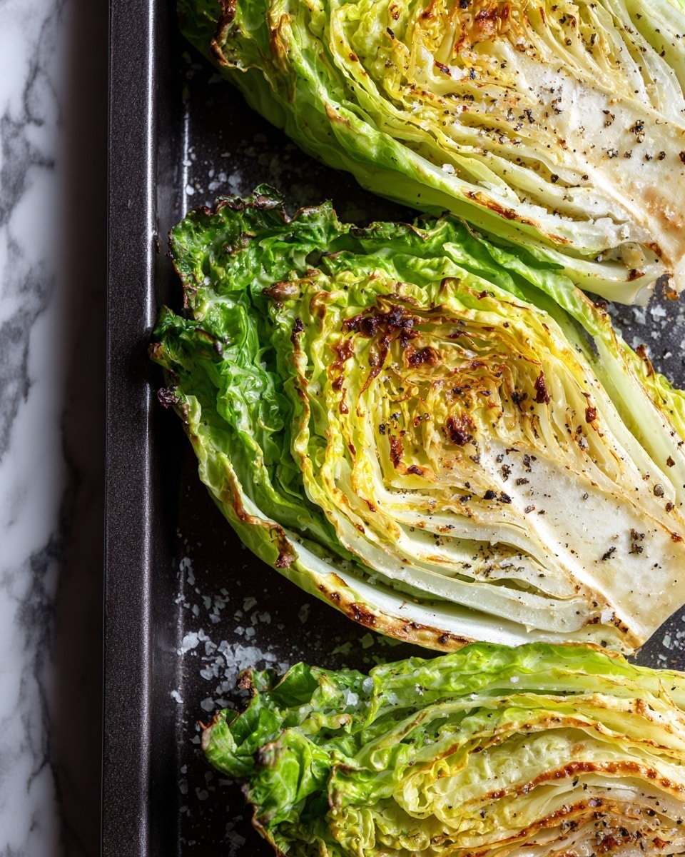 The image shows three large slices of roasted cabbage arranged in a line on a dark baking tray. Each cabbage slice has many layers, with the outer leaves showing a mix of bright green and light yellow colors that transition to pale white towards the inner layers. The edges of the cabbage leaves are slightly browned and crisp, giving a toasted look with some parts darkened to a deep brown. Black pepper and salt are sprinkled unevenly over the cabbage layers and the tray, adding texture and contrast. The background is a white marbled texture. Photo taken with an iphone --ar 4:5 --v 7