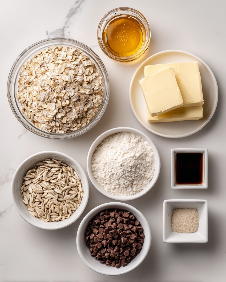 The image shows several small white bowls and a jar arranged neatly on a white marbled surface. In the top left, a large clear glass bowl is filled with light tan whole oats with a rough texture. Next to it is a clear jar filled with golden honey, slightly shiny and thick. To the right, a white plate holds two blocks of smooth, pale yellow butter. Below the oats bowl, there is a small white bowl filled with sunflower seeds, light brown and smooth. Next to it is another small white bowl filled with dark brown mini chocolate chips, shiny and round. In the center, a white bowl contains a light beige flour with a powdery texture. Beside this, a very small white square dish holds a dark brown liquid vanilla extract. Next to vanilla, another tiny white square dish contains white baking soda powder. Lastly, a small white bowl with a coarse light brown flax meal, labeled optional, is placed near the center. The arrangement is clean and organized, all on a white marbled surface. photo taken with an iphone --ar 4:5 --v 7