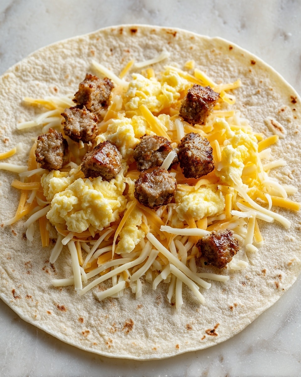 A close-up view of an open tortilla on a white marbled surface, layered with a small pile of shredded white and yellow cheese at the bottom center. On top of the cheese, there are several pieces of scrambled eggs with a soft, fluffy texture and a pale yellow color. Scattered on top of the eggs are browned, small sausage chunks with a slightly crispy surface. The tortilla itself is light beige with a thin dusting of flour. photo taken with an iphone --ar 4:5 --v 7