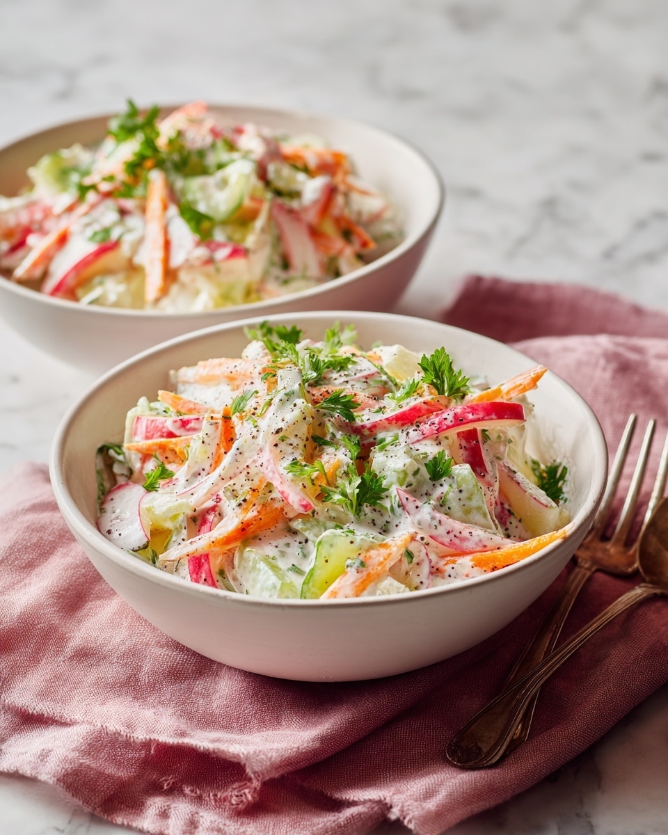 Two deep white bowls filled with a creamy salad made of four layers of ingredients: bright red apple slices with skin, yellowish slices of celery root, thin orange carrot sticks, and mixed green herbs like parsley throughout. The salad has visible white sauce coating all layers, with bits of dark mustard seeds adding texture. The bowls rest on a pink cloth with a soft texture, all placed on a white marbled surface. photo taken with an iphone --ar 4:5 --v 7