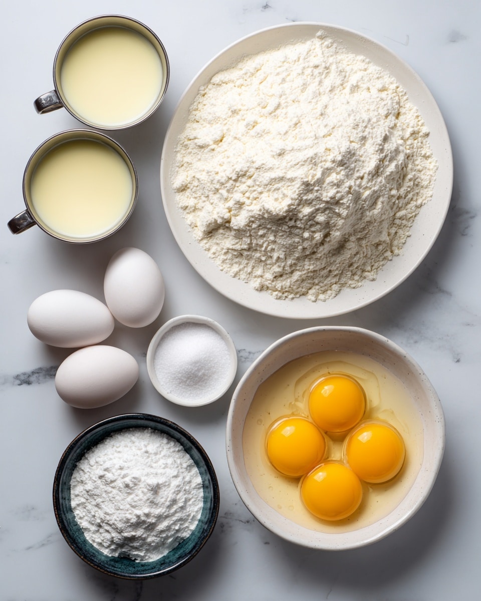 The image shows several ingredients placed on a white marbled surface. At the top are two small metal cups filled with pale yellow milk. Below them is a white plate fully heaped with fine white flour. To the right of the flour plate is a tiny white bowl with a small amount of white salt. Below the salt is a dark bowl holding six raw eggs with deep yellow yolks and clear egg whites. Slightly left and below the flour plate is a small bowl with white powdered sugar, soft and fluffy in texture. Each item is labeled clearly with bold text. Photo taken with an iphone --ar 4:5 --v 7
