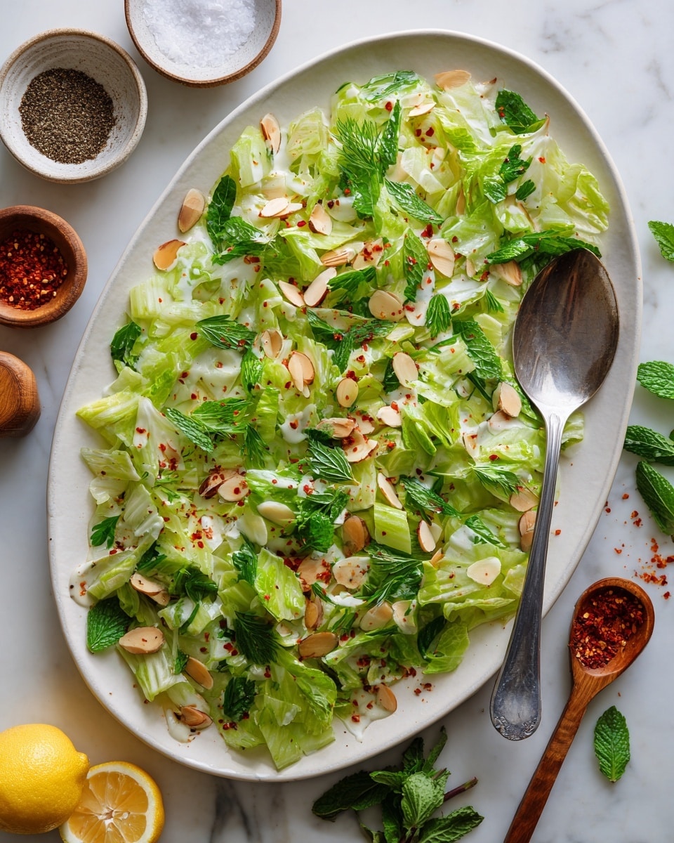 This image shows a white oval plate filled with a fresh salad made of light green celery slices layered with bright green parsley leaves and scattered toasted almond slivers. The salad is sprinkled with small red pepper flakes and a creamy dressing that adds a slight shine. On the right side of the plate, there is a large silver serving spoon and fork partially submerged in the salad. Around the plate, the white marbled surface holds three small bowls: one with dark pepper powder, one with red chili flakes and a wooden spoon, and one with salt and a small wooden scoop. Also visible are lemon wedges and a sprig of mint that blend with the overall fresh and light look of the image. photo taken with an iphone --ar 4:5 --v 7