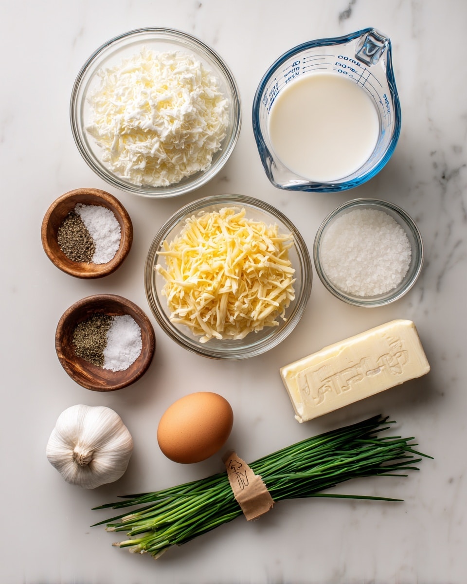 A top-down view of various cooking ingredients arranged neatly on a white marbled surface. At the top left, there is a clear glass bowl filled with white potato flakes. To its right, a clear glass measuring cup with blue markings holds clear water. Below the water, another clear glass measuring cup contains white milk. In the center, a clear glass bowl shows a mix of yellow and white shredded cheese. To the left of the cheese, a small wooden bowl is filled with black pepper, and below it, a smaller wooden bowl holds white salt. Below the salt, a whole bulb of white garlic sits on the surface. At the bottom center, a brown egg rests beside a tied bunch of green chives on the right. At the bottom of the image is a stick of butter wrapped in paper labeled butter. The ingredients are spaced with clean, organized look. Photo taken with an iphone --ar 4:5 --v 7