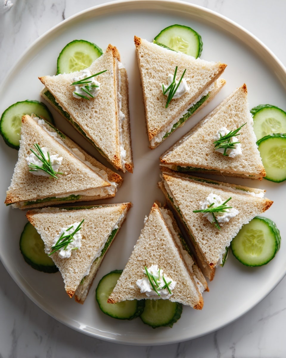 A white plate with small triangular sandwich pieces made from light brown soft bread, each sandwich has a thin cream-colored spread in the middle layer. Around the sandwiches are thick round slices of green cucumber topped with dollops of white creamy spread and small green chive pieces on top. The plate sits on a white marbled surface. photo taken with an iphone --ar 4:5 --v 7