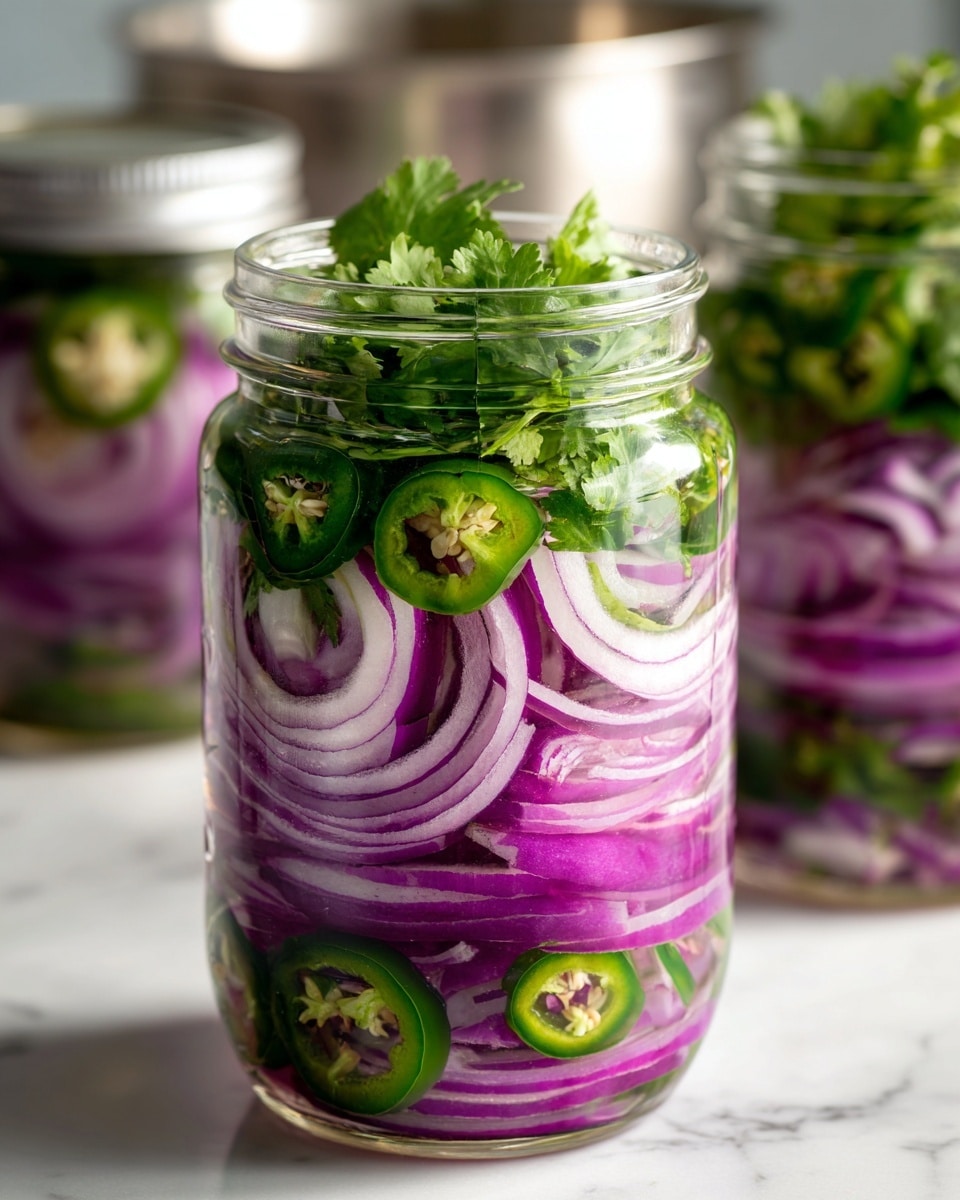 A clear glass jar filled with layers of thin, bright purple onion slices, fresh green cilantro leaves, and green sliced jalapeños. The vegetables are arranged in visible layers with the purple onions at the bottom and the green cilantro and jalapeños mixed in the middle and top parts of the jar. The jar is placed on a white marbled surface, with another similar jar slightly blurred in the background, and a metallic pot is visible further back. The lighting is bright and natural, highlighting the fresh colors and textures of the ingredients inside the jar photo taken with an iphone --ar 4:5 --v 7
