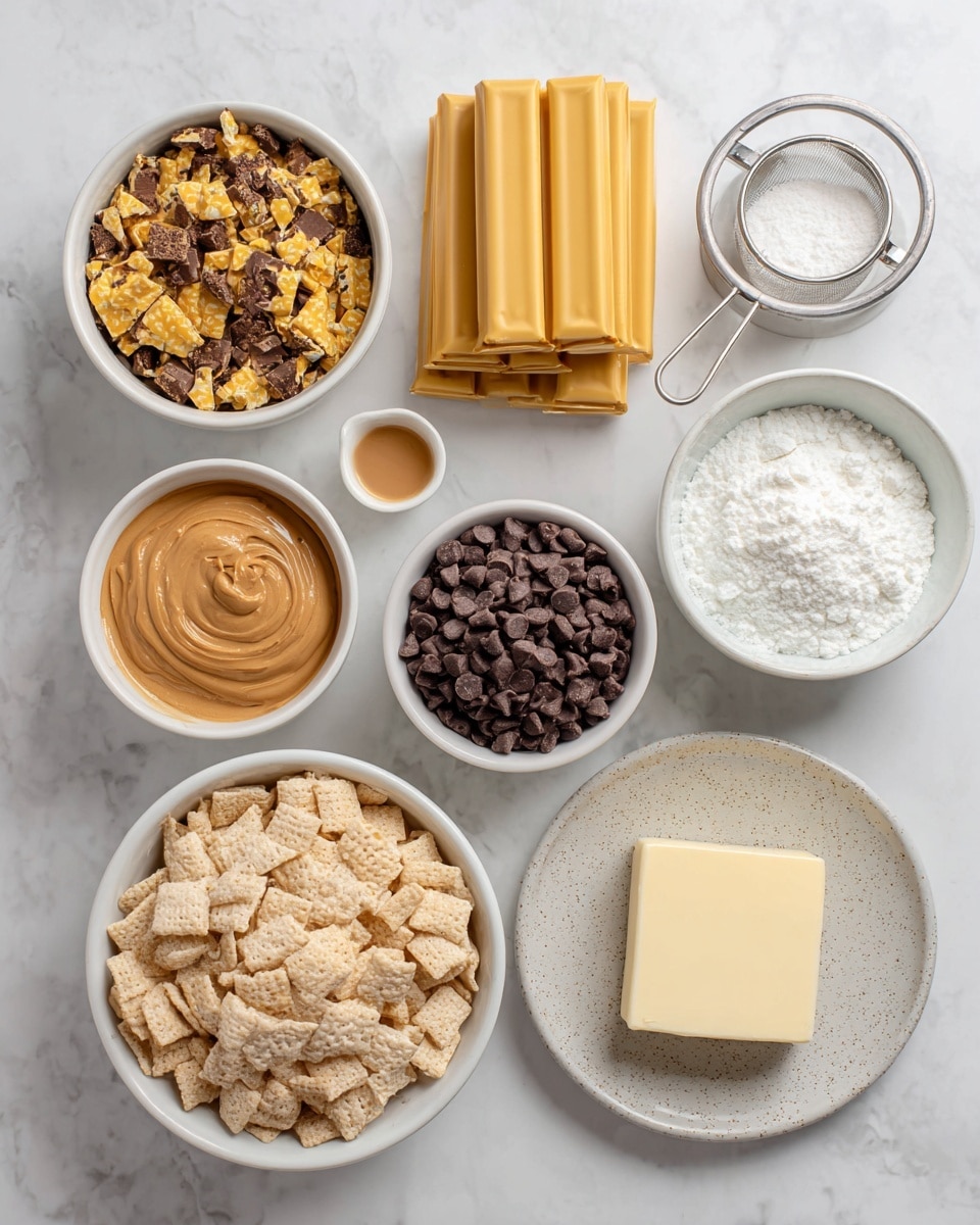 The image shows nine white bowls and plates arranged neatly on a white marbled surface. Starting from the top left, there is a bowl filled with crushed small yellow and brown candy bars. Below it are five unwrapped yellow candy bars. To the right of the crushed candy bowl is a small white bowl with light brown vanilla liquid. Further right is a large white bowl filled with white powdered sugar and a small metal sifter inside. Below that is a white bowl full of small dark brown chocolate chips. To the left of the chocolate chips is a small white bowl with smooth creamy peanut butter in light brown color. Below the peanut butter is a large clear bowl filled with light brown rice chex cereal pieces. To the right of the cereal is a small white speckled plate with a square block of pale yellow butter. Photo taken with an iphone --ar 4:5 --v 7