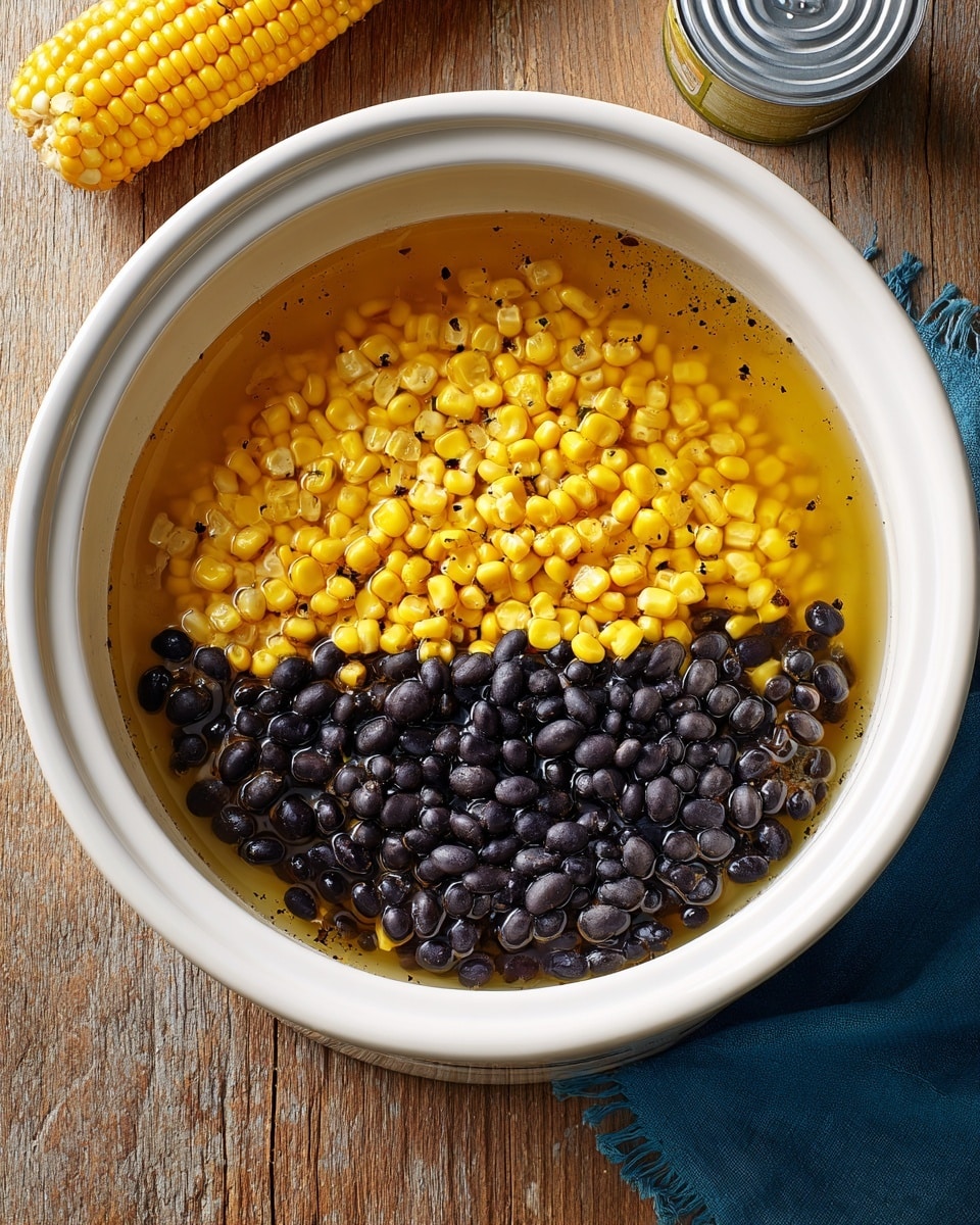 A white slow cooker filled with three main layers: at the bottom, a clear golden broth with visible small black pepper specks; on top of it, two separate piles of beans—bright yellow sweet corn kernels layered in a semicircle at the upper half, and shiny black beans in a semicircle below the corn, both fully submerged in the broth. The slow cooker is placed on a wooden textured surface with a blue cloth napkin on the top right and a can of whole kernel corn lying on its side near the top left corner. The photo taken with an iphone --ar 4:5 --v 7