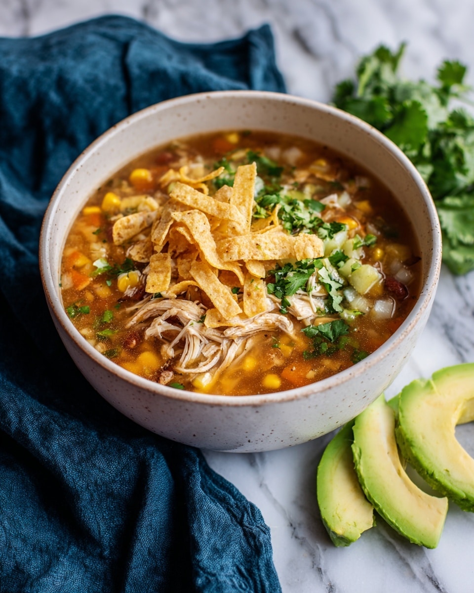 A white mug filled with a layered soup, starting at the bottom with a brown broth mixed with yellow corn kernels and black beans, topped with shredded white chicken and small pieces of orange and green vegetables. On top of the soup, there are crumbled pale yellow tortilla chips and chopped green herbs sprinkled across. Fresh bright green cilantro leaves and three slices of light green avocado rest near the edge. The mug sits on a surface with a white marbled texture, with a dark blue cloth draped nearby. Photo taken with an iphone --ar 4:5 --v 7