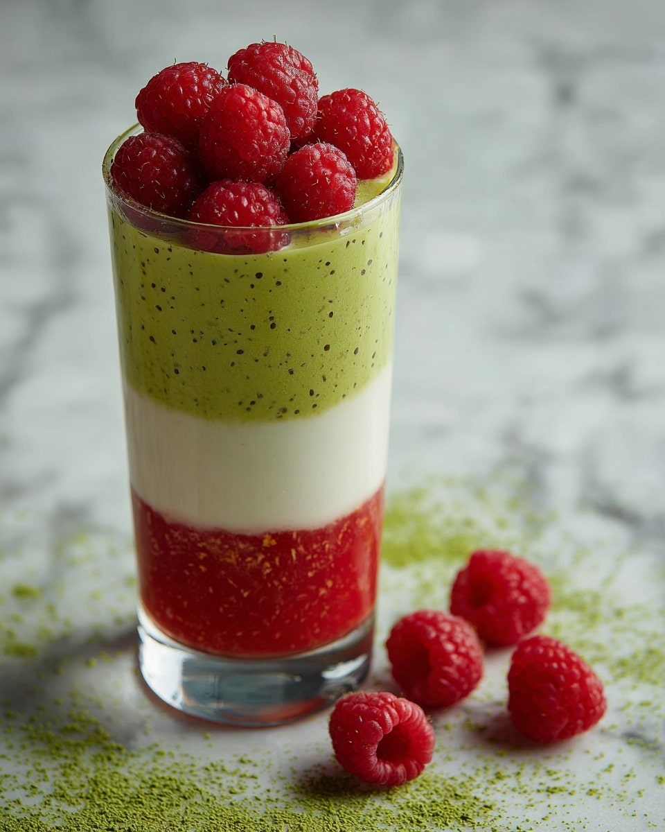 A tall clear glass shows a three-layered drink on a white marbled surface with scattered raspberries. The bottom layer is bright red with small chunks, creating a textured look. The middle layer is creamy white, smooth and thick, blending softly into the red layer below. The top layer is frothy bright green with a powdery sprinkle of green on the surface. Ice cubes are visible floating inside the drink. A clear straw is placed in the glass on the right side. photo taken with an iphone --ar 4:5 --v 7
