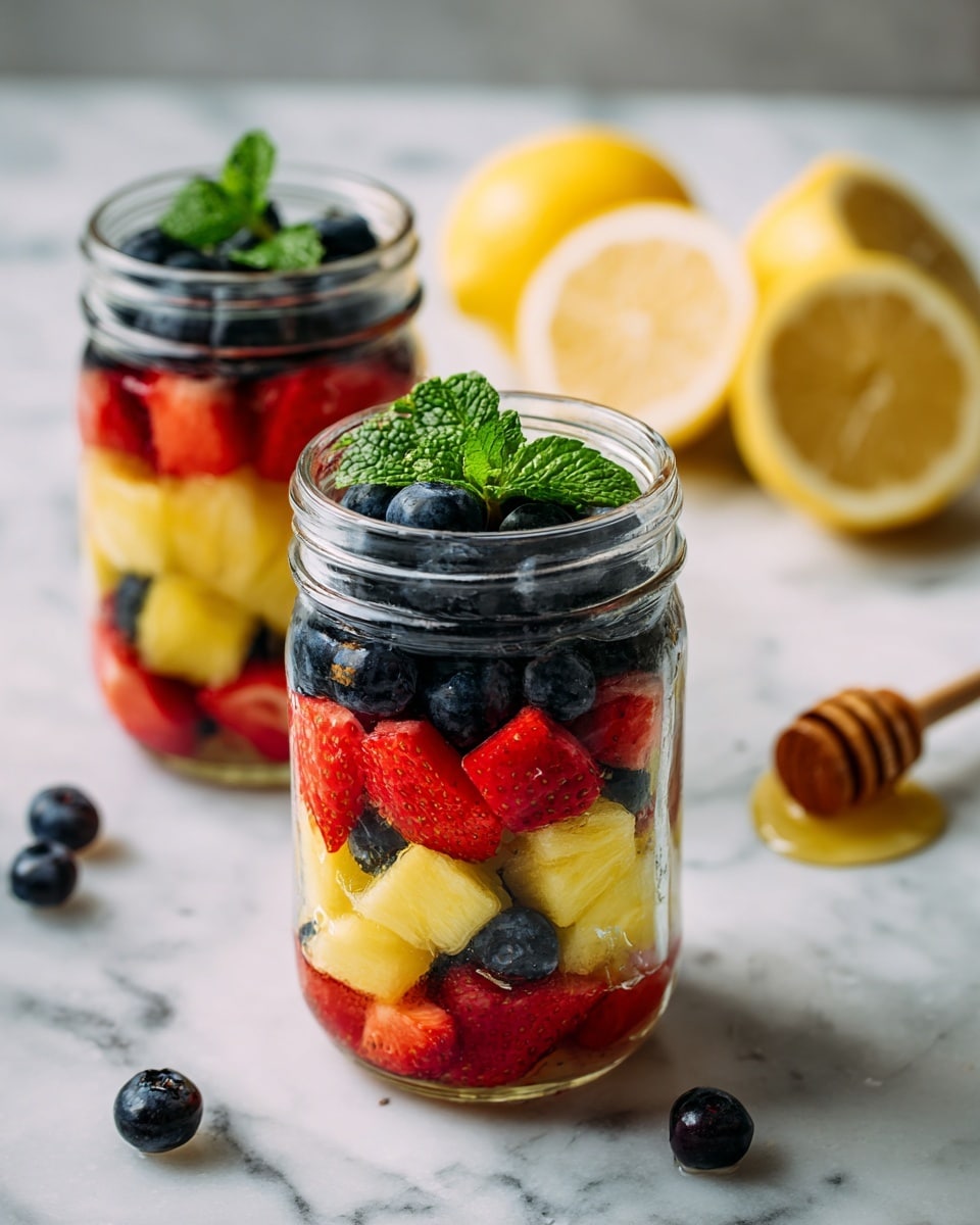 Two clear glass jars filled with layered dessert stand on a white marbled surface. Each jar has three visible layers: the bottom layer is white and creamy, the middle layer is red and looks like small pieces of fruit, and the top layer is bright yellow, smooth, and creamy. On top of the yellow layer, there are many fresh dark blue blueberries, with a small sprig of green mint leaf on each jar. Nearby, there are two lemon halves showing their juicy yellow insides, and a honey dipper with a little honey on it. The lighting is bright and soft, making the colors look fresh and natural. Photo taken with an iphone --ar 4:5 --v 7