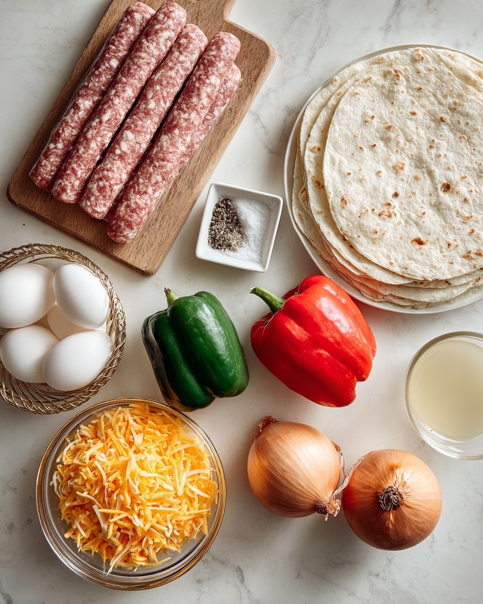 The image shows a white marbled surface with several cooking ingredients arranged neatly. At the top left, there are raw sausage sticks in a single layer on a wooden board, textured with a mix of pink and white colors. To the right, there is a small white square dish containing black pepper and salt, with the pepper at the top and salt below it. Below this dish, a clear round bowl is filled with shredded orange cheddar cheese with thin, stringy texture. In the center, two whole bell peppers, one red and one green, rest on top of a stack of flour tortillas, which are off-white with light brown spots from cooking. In the bottom left corner, a gold wire basket holds smooth white eggs layered softly inside. To the bottom right, there are two whole brown onions with papery skin, positioned next to a small clear glass bowl filled with a light yellowish liquid. All items are placed on a clean white marbled surface photo taken with an iphone --ar 4:5 --v 7