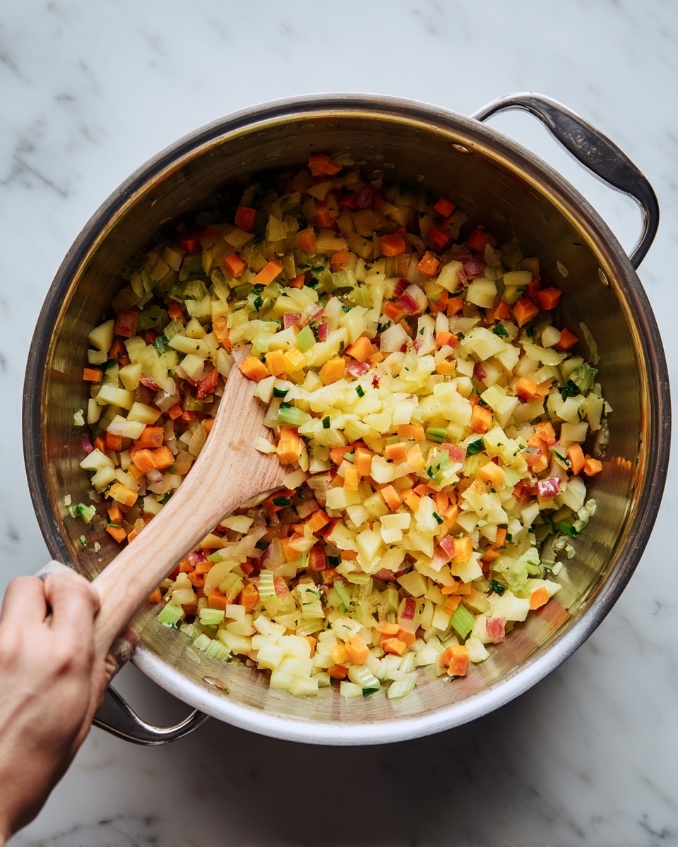A close-up view inside a silver cooking pot shows a mix of chopped vegetables being stirred with a wooden spatula held by a woman's hand from the upper left corner. The vegetable pieces include light yellow potato strips, small orange carrot cubes, green celery bits, and some red pieces, all spread evenly within the pot. The colors are bright and the textures vary from soft to firm. The inside of the pot has a smooth, reflective metallic surface. The scene is set against a white marbled background. photo taken with an iphone --ar 4:5 --v 7