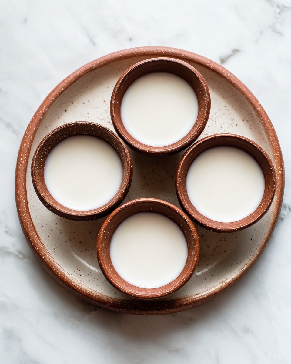 The image shows five small round brown clay pots, each filled with a smooth white liquid, placed on a large white plate with a slightly raised edge. The pots are arranged close together in the center of the plate. The background is a white marbled surface that contrasts with the brown pots and white liquid inside them. The lighting highlights the glossy texture of both the pots and the liquid, giving a fresh and clean look. photo taken with an iphone --ar 4:5 --v 7