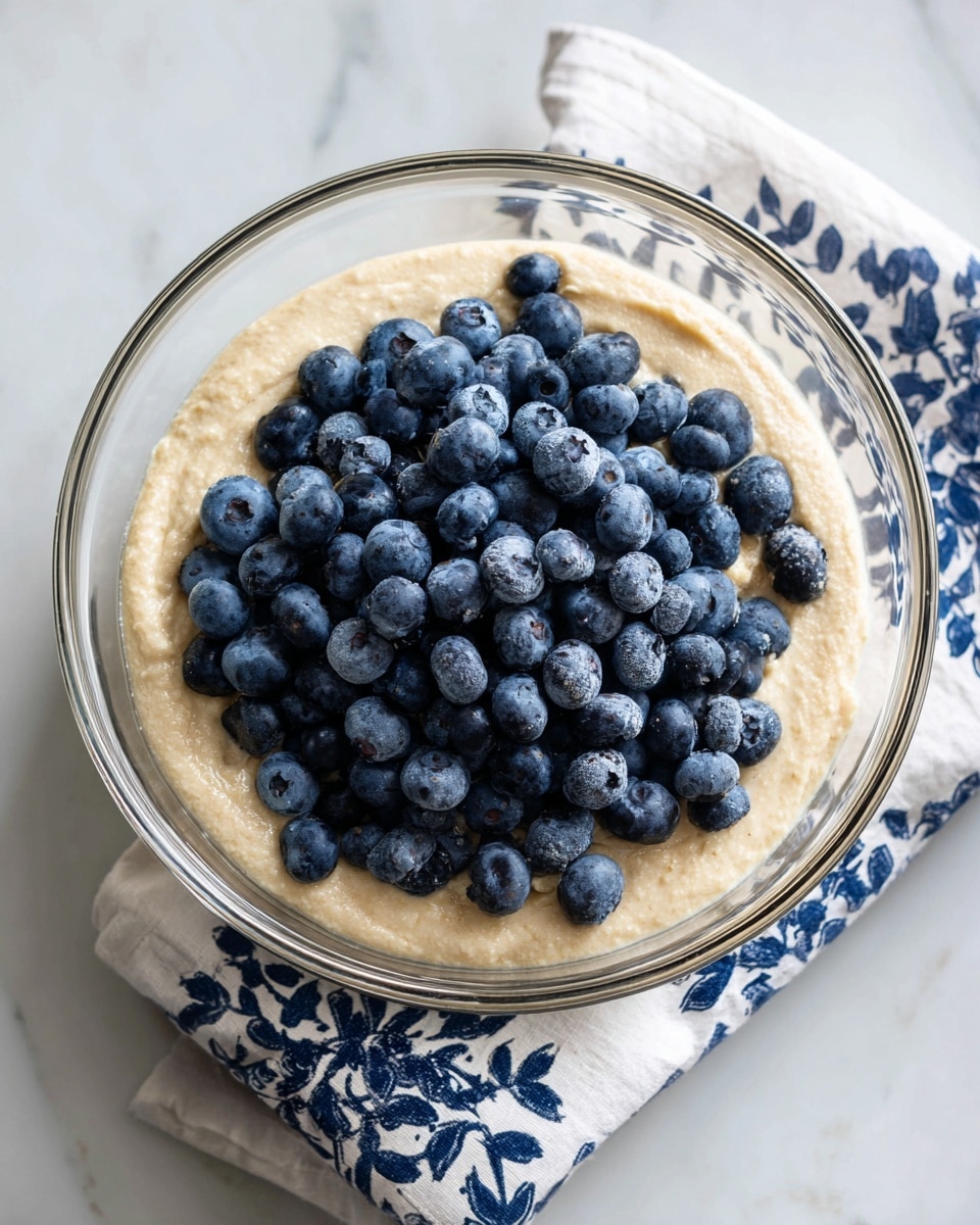 A clear glass bowl filled with a thick, light beige batter forms the base layer. On top of the batter, there is a large cluster of fresh blueberries, dark blue with a slightly frosted texture, centrally piled. A white marbled surface is underneath the bowl, and a white cloth with a navy blue pattern is partially visible in the lower right corner. photo taken with an iphone --ar 4:5 --v 7
