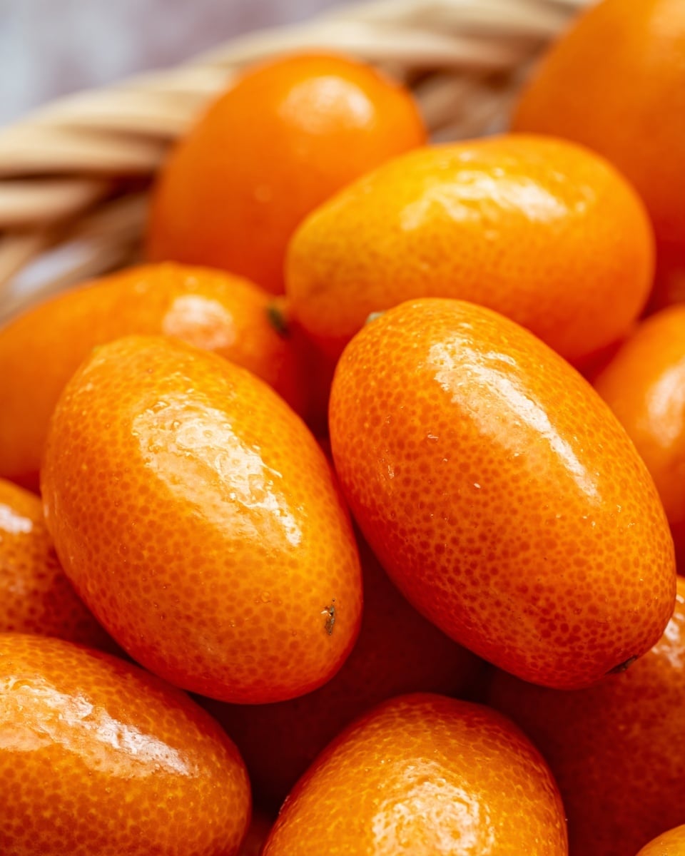 A close-up image of several bright orange, smooth-skinned kumquats piled together. Their oval shapes fill the frame, showing a glossy texture with small pores on the skin. The fruits have a vibrant and fresh look, reflecting soft light on their shiny surfaces, all set against a blurred background that hints at a woven basket texture replaced visually by a white marbled texture. photo taken with an iphone --ar 4:5 --v 7