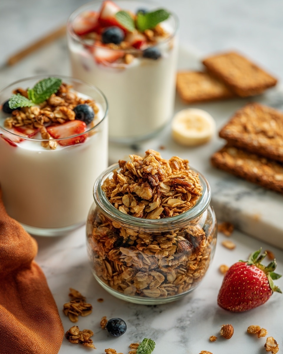 A clear glass jar filled with golden-brown granola, full of oats and almonds, sits in the foreground. Behind it, there are two clear glasses filled with white yogurt, topped with granola and pieces of red strawberries. In the background, a white marbled surface holds some brown rectangular biscuits, scattered blueberries, and banana slices, with a green mint leaf and a folded orange cloth adding color. The scene is brightly lit, showing the textures and colors clearly. Photo taken with an iphone --ar 4:5 --v 7