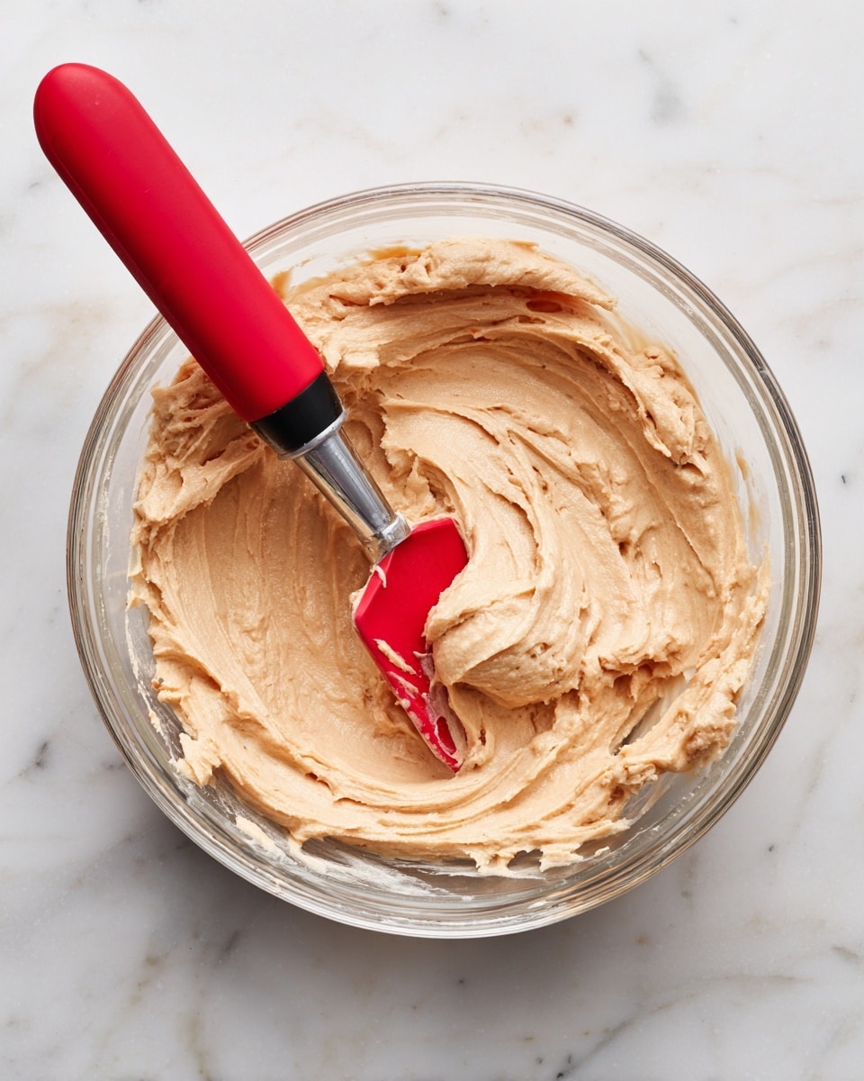 A clear glass bowl filled with one smooth, thick layer of light brown batter with a creamy texture. A bright red spatula is partially submerged on the right side, dragging through the batter, while a stainless steel ice cream scoop with black handles rests on the left side, slightly pressing into the batter. The bowl is placed on a white marbled surface. photo taken with an iphone --ar 4:5 --v 7