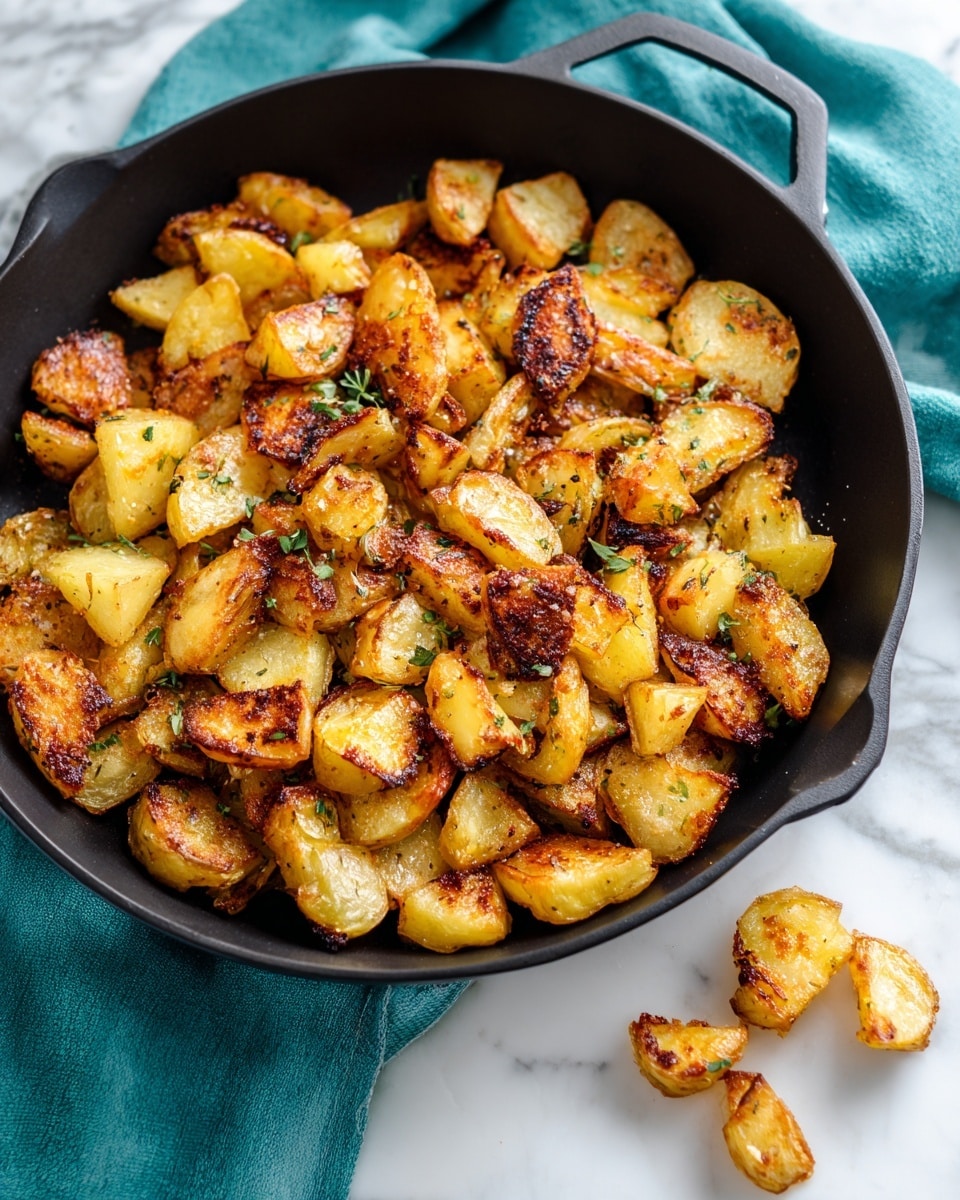 The image shows a black skillet filled with crispy golden-brown fried potato pieces, each piece slightly irregular in shape and size, with a crunchy texture visible on the surface. A few green herb bits are scattered lightly on top, adding a hint of color. Outside the skillet, on a white marbled surface, there are a few fallen pieces of potatoes near a teal cloth napkin. The close-up view highlights the varied shades of golden and darker brown edges on the potatoes, showing a well-cooked, textured finish. Photo taken with an iphone --ar 4:5 --v 7