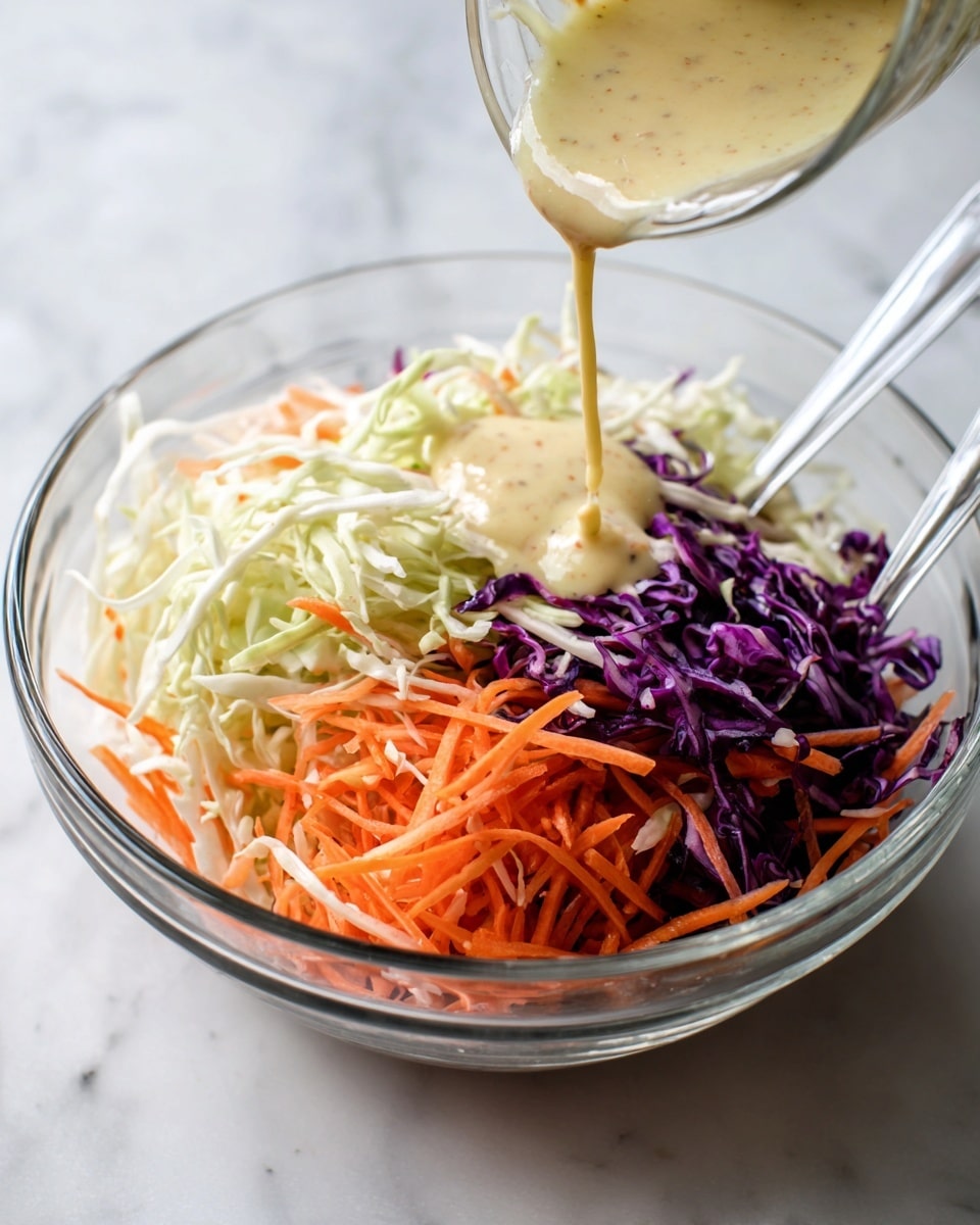 A clear glass bowl with shredded vegetables sits on a white marbled surface. The shredded mixture has three main colors: white cabbage, orange carrots, and purple cabbage, all mixed evenly. Above the bowl, a light green creamy dressing is being poured from a clear container onto the vegetables, creating a small pool on top. Two clear mixing spoons rest inside the bowl, visible among the colorful vegetable layers. The scene is bright with soft natural light and clean focus. photo taken with an iphone --ar 4:5 --v 7