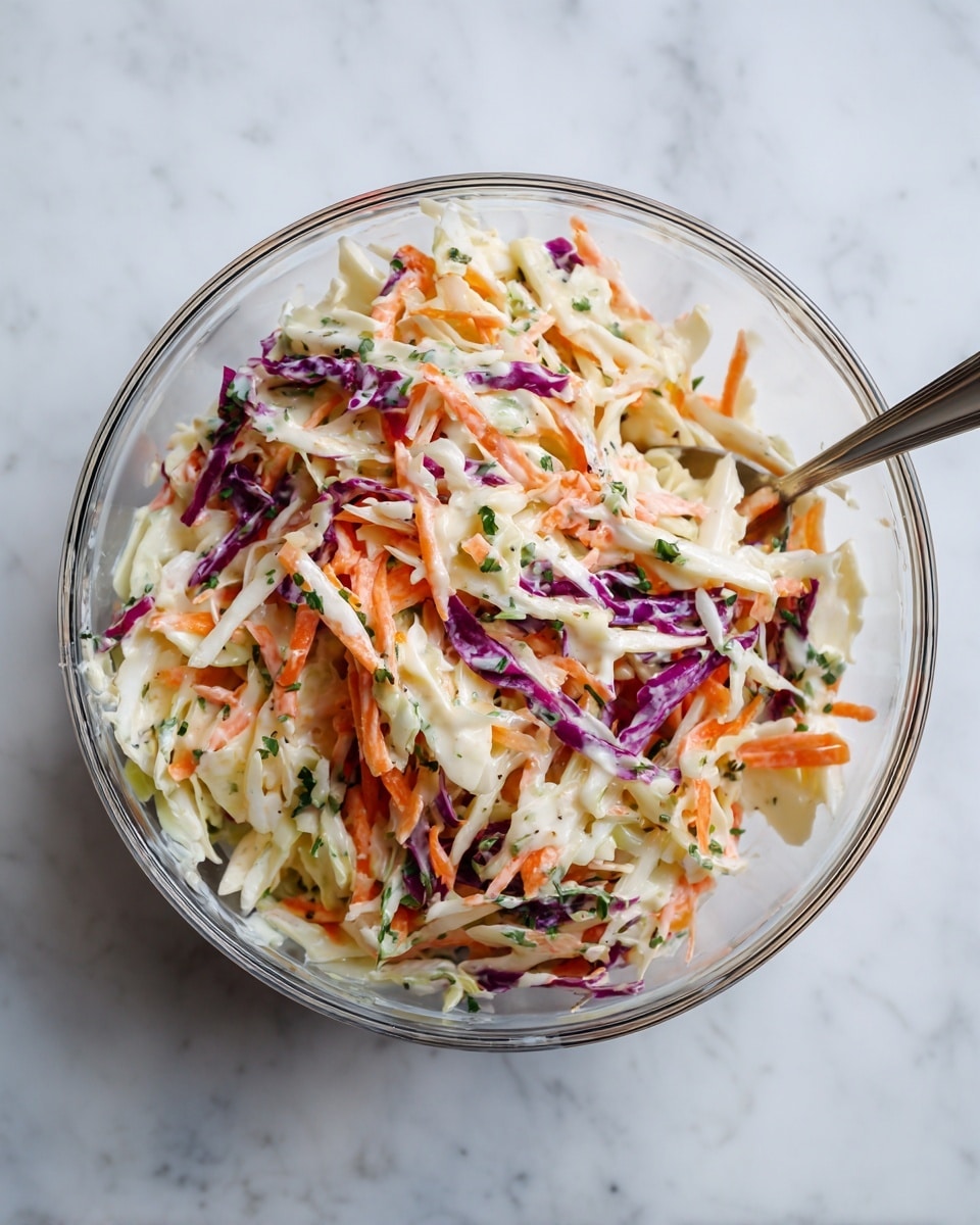 A clear bowl filled with a colorful coleslaw mix that has three main layers: thin white cabbage shreds creating the bulk and light texture, scattered bright orange carrot strips adding vivid color, and thin purple cabbage pieces giving a sharp contrast. The coleslaw is coated evenly with a creamy dressing that has tiny green herb bits spread throughout, making the whole mix look fresh and light. A metallic spoon is placed inside the bowl, slightly sinking into the salad, reflecting some light. The entire scene is set on a white marbled surface. photo taken with an iphone --ar 4:5 --v 7