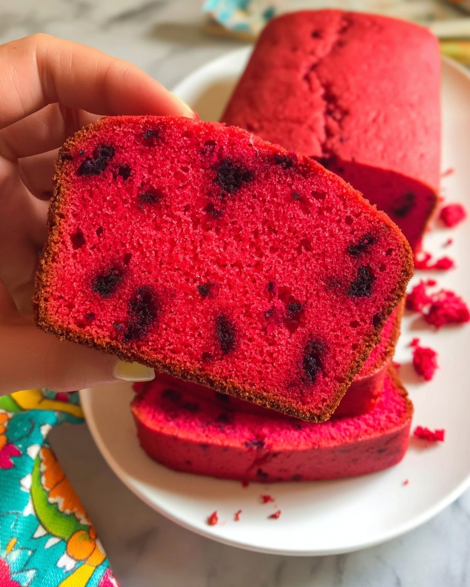 A simple rectangular pink cake with a slightly cracked top surface sits in the middle of a white plate, surrounded by evenly spaced small triangular and square red watermelon pieces arranged around it. The plate rests on a white marbled textured surface. The cake has a smooth but slightly rough texture with a few darker spots near the edges. The watermelon pieces are fresh and juicy, with vibrant red flesh and hints of seed natural shapes. Photo taken with an iphone --ar 4:5 --v 7