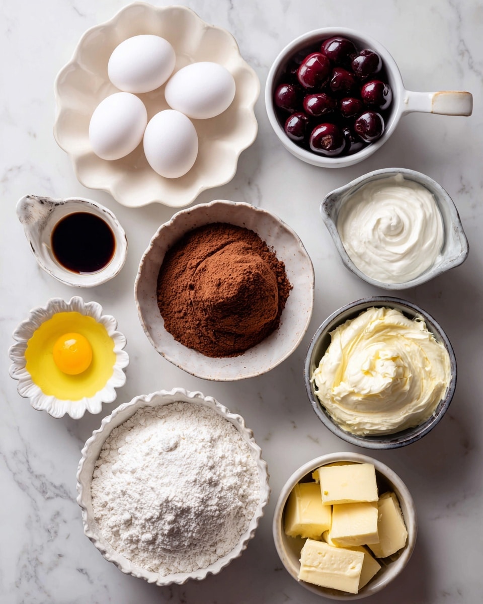 The image shows a top view of multiple small bowls and dishes arranged on a white marbled surface. There are two white eggs near the bottom left, with a small white scalloped dish beside them holding a yellow liquid. Around the eggs, there is a white scalloped dish with a dark liquid and another with a white powdery substance. One small white bowl contains brown cocoa powder, a larger white bowl in the center has light brown flour, and near it is a small gray bowl with white flour. Another small gray bowl holds softened yellow butter. A white measuring cup filled with white creamy yogurt is at the top right, and a small gray bowl with dark red cherries is near the top middle. Photo taken with an iphone --ar 4:5 --v 7