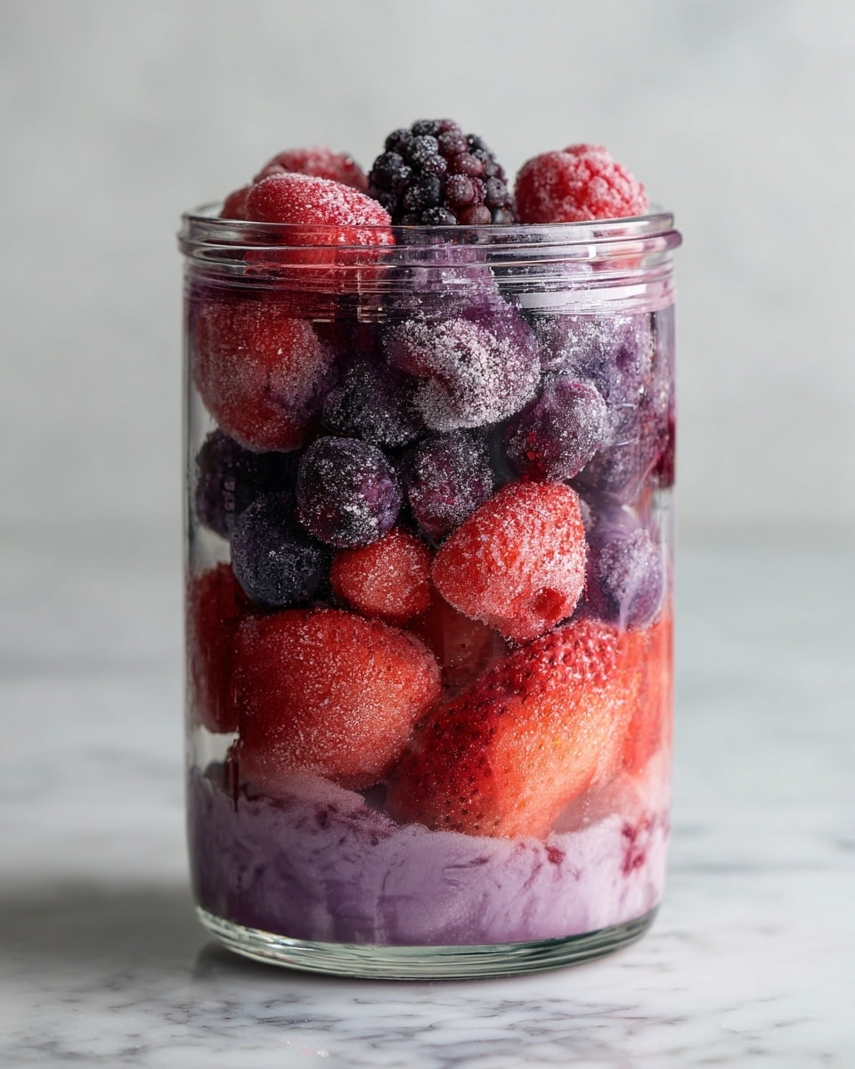 Inside a clear blender jar, there are three layers of mixed frozen berries and a light purple liquid. The bottom layer shows big bright red strawberries with a frosty texture. The middle layer is made up of dark purple blackberries, raspberries, and blueberries, all covered in frost. The top layer is a pale purple liquid that gently surrounds some of the berries, creating a soft, creamy look. The background is a white marbled texture. photo taken with an iphone --ar 4:5 --v 7
