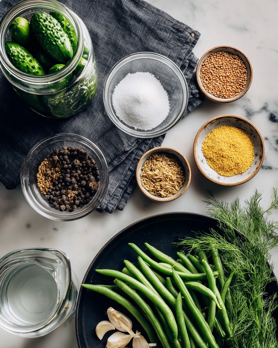 The image shows a set of pickling ingredients arranged on a dark gray cloth with a white marbled surface underneath. At the top, there is a glass jar filled with green pickling cucumbers, sitting next to a small clear glass bowl of coarse white salt, and two other small clear glass bowls containing brown caraway seeds and yellow mustard seeds. Towards the lower right side, a jar with green cucumbers and fresh dill is visible. At the bottom center, a white vinegar bottle is placed near a clear glass pitcher filled with water. On a large black plate at the bottom right, there are fresh green beans spread out with sliced garlic cloves on the side, along with sprigs of fresh dill. The setup is clean and organized, showing all ingredients needed for pickling. Photo taken with an iphone --ar 4:5 --v 7