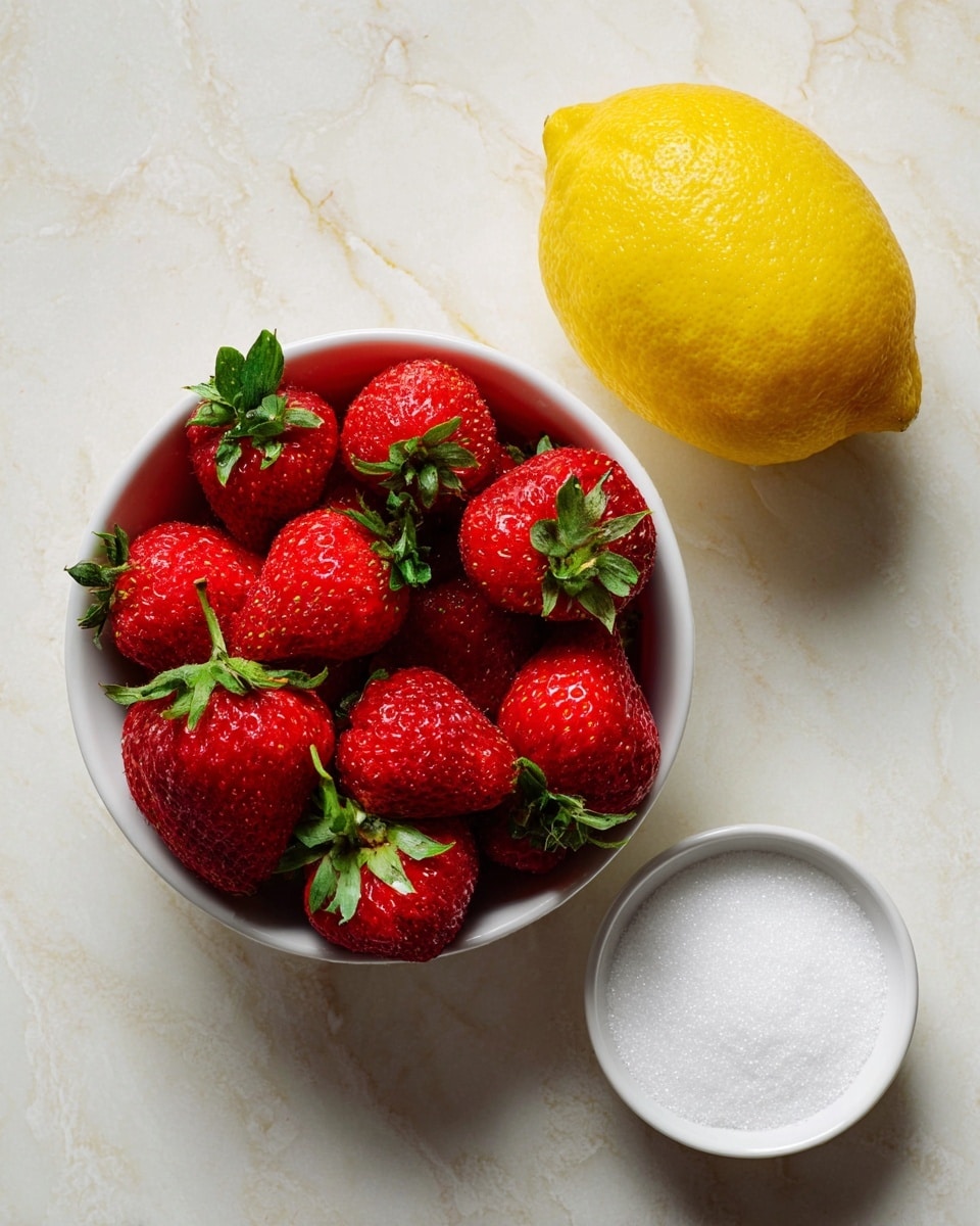 A clear white bowl filled with bright red ripe strawberries with green leaves on top, placed on a white marbled surface. To the right, a whole bright yellow lemon sits above a white bowl filled with white granulated sugar, both also on the white marbled surface. The colors are vibrant, and the textures of the strawberries, lemon, and sugar granules are clear and sharp. photo taken with an iphone --ar 4:5 --v 7