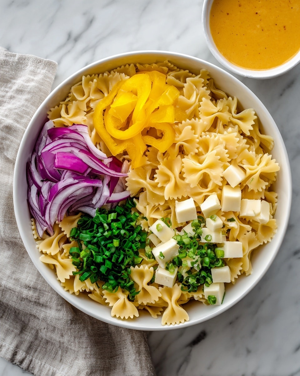 A white bowl holds five sections of ingredients neatly divided on top of cooked bow-tie pasta. Starting from the top and moving clockwise, there are bright yellow pickled pepper slices, thinly sliced purple-red onion, finely chopped green herbs, small cubes of pale yellow cheese, and fresh green scallions. To the right side of the bowl, there is a smaller white bowl filled with a creamy orange sauce. All items are placed over a white marbled surface with a light gray cloth peeking in from the bottom left corner. Photo taken with an iphone --ar 4:5 --v 7