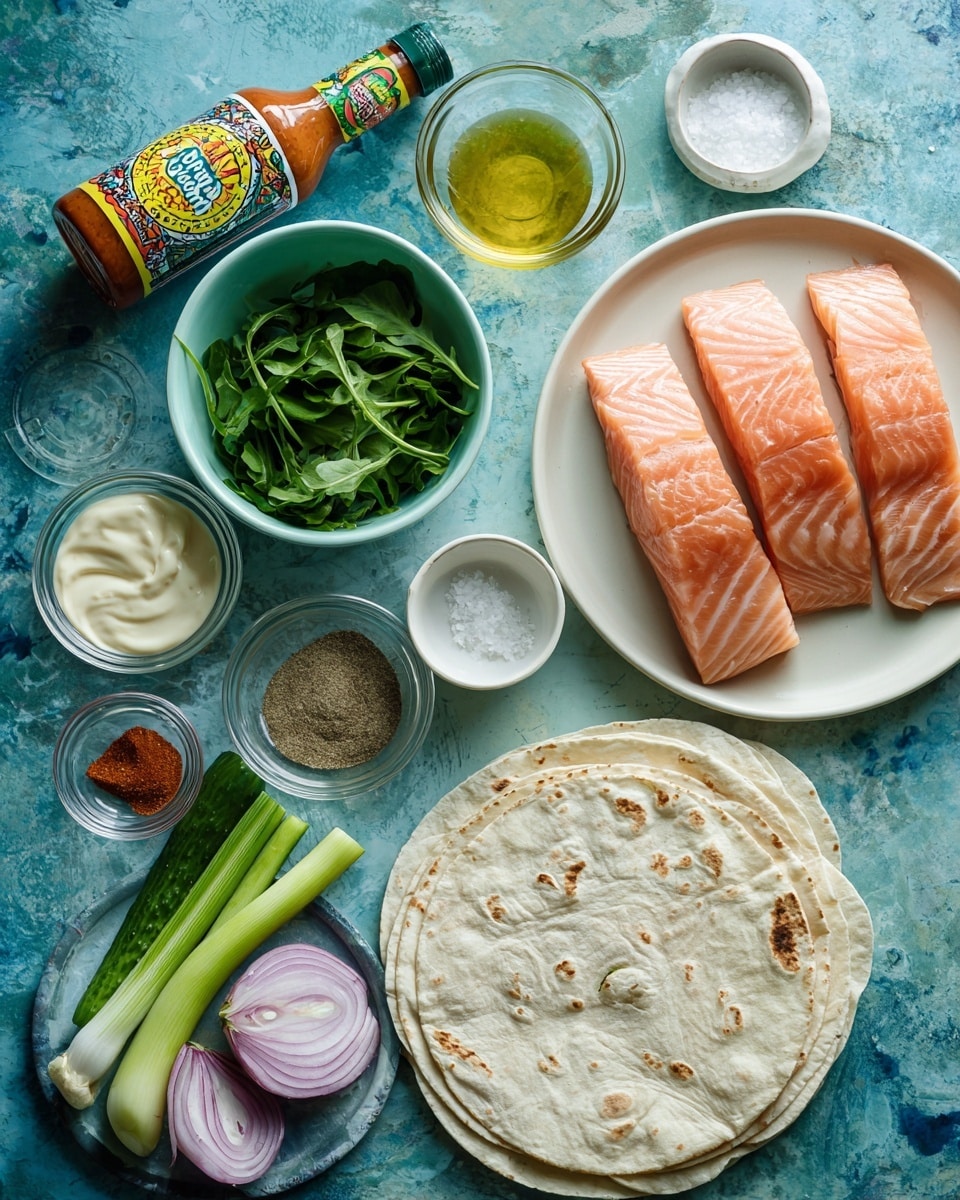 The image shows ingredients laid out on a white marbled surface. In the center right, two pieces of light pink salmon with white marbling lie on a white plate. To the bottom right, folded white tortillas with faint circular patterns rest on the surface. Above the tortillas, a light blue bowl is filled with bright green watercress. In the top center, there is a bottle of Cholula Chipotle hot sauce with a colorful label. On the left side, small clear glass bowls contain various ingredients: one with white mayonnaise, one with dark red paprika powder, another with light brown ground spice, and two more bowls with light yellow oil and clear liquid. A white cup with coarse salt sits near a small white plate holding one section of halved red onion, two green onions, and a green cucumber cut in half. The background is a deep blue textured surface under all items. Photo taken with an iphone --ar 4:5 --v 7
