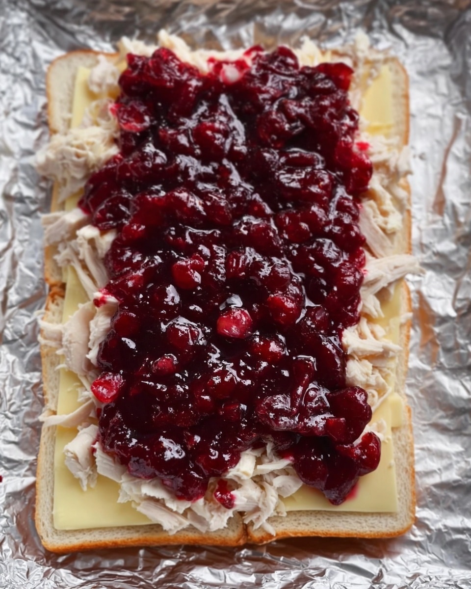 A rectangular sandwich on a piece of aluminum foil lined surface with three layers visible; the bottom layer is white bread slices, the middle layer consists of pale yellow cheese slices covered by shredded white turkey, and the top layer is a thick spread of dark red cranberry sauce with whole and mashed cranberries on top. The bread's edges are visible beneath the cheese and shredded turkey, with the cranberry sauce glossy and textured, unevenly spread, covering most of the turkey. photo taken with an iphone --ar 4:5 --v 7