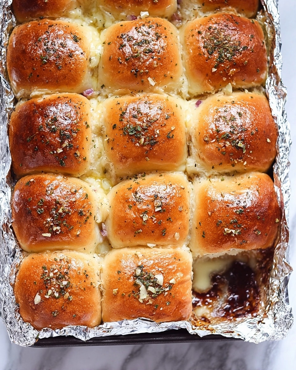 A close-up view of a rectangular baking tray lined with silver foil holding 12 golden brown baked sandwich sliders arranged in three rows of four. Each slider has a shiny, slightly crispy top sprinkled with dried green herbs and small pieces of garlic. The bread buns are soft and fluffy inside, with some splits revealing melted cheese and other fillings underneath. The tray edges show some browned, caramelized bits from baking. The tray sits on a white marbled surface photo taken with an iphone --ar 4:5 --v 7