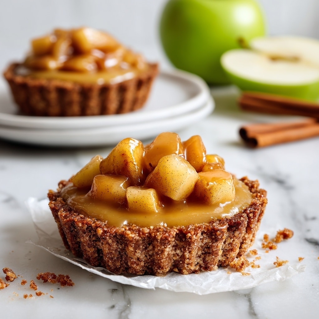 A small tart is shown on a white marbled surface with a crumbly brown crust forming the bottom and sides, topped with chunky, shiny apple pieces covered in a smooth, golden caramel sauce. The crust looks thick and rough in texture, with visible crumbs around the tart. One apple piece sits beside the tart on a crumpled piece of white paper. In the background, a white plate with another tart is partially visible, along with a green apple and two cinnamon sticks lying on the white marbled surface. Photo taken with an iphone --ar 4:5 --v 7