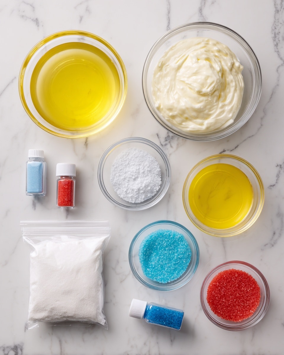 The image shows several clear glass bowls and a plastic bag with ingredients arranged on a white marbled surface. There is one bowl with a clear yellow liquid on the top left, a bowl with white cream-like texture in the middle top, and a bowl with a yellow liquid on the bottom right. A white plastic bag containing white powder is placed on the bottom left. Toward the right side, there are two small bottles with blue and red caps lying flat, and three small glass bowls with bright blue sugar, red sugar, and a clear liquid, respectively. All items are neatly spaced out and well-lit. Photo taken with an iphone --ar 4:5 --v 7