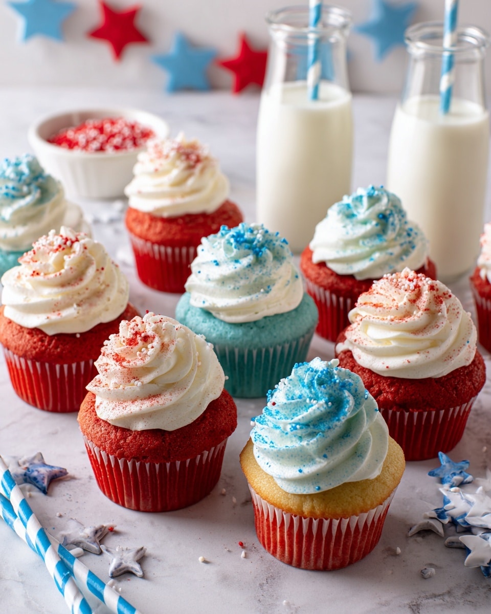 There are fourteen cupcakes placed on a white marbled surface arranged loosely in a circle. Each cupcake has two layers: the bottom cake layer is either bright red or bright blue, and the top layer is white cream frosting swirled smoothly with some red or blue sprinkles scattered on top. The red cupcakes have a fine red powder sprinkled on the frosting, while the blue ones have a light blue powder. In the background, there are small red, blue, and silver star-shaped decorations hanging above, and two clear glass bottles filled with white milk are on the right edge. Two blue straws with white stars are placed on the bottom left corner. Photo taken with an iphone --ar 4:5 --v 7