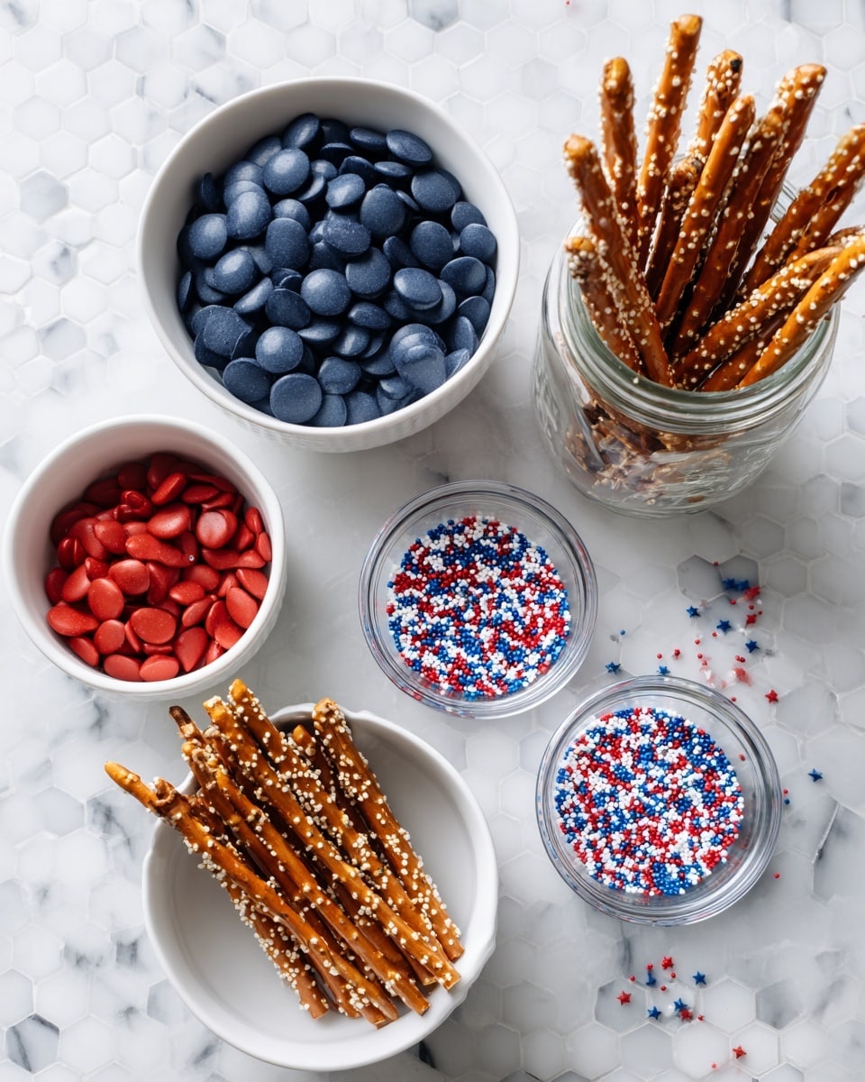 The image shows four white bowls placed on a white marbled tiled surface. The top left bowl is filled with flat, round dark blue candy melts, while the bottom left bowl holds red candy melts of the same shape and size. To the right center, three small clear glass bowls contain different types of colorful sprinkles: one with red, blue, and white star shapes, another with red, white, and blue round sprinkles, and the third with mixed small red, blue, and white shapes. On the right side, a clear glass jar stands upright with many sesame seed-coated pretzel sticks rising vertically and leaning outward. Some loose star sprinkles are scattered lightly on the surface near the bowls and jar. Photo taken with an iphone --ar 4:5 --v 7