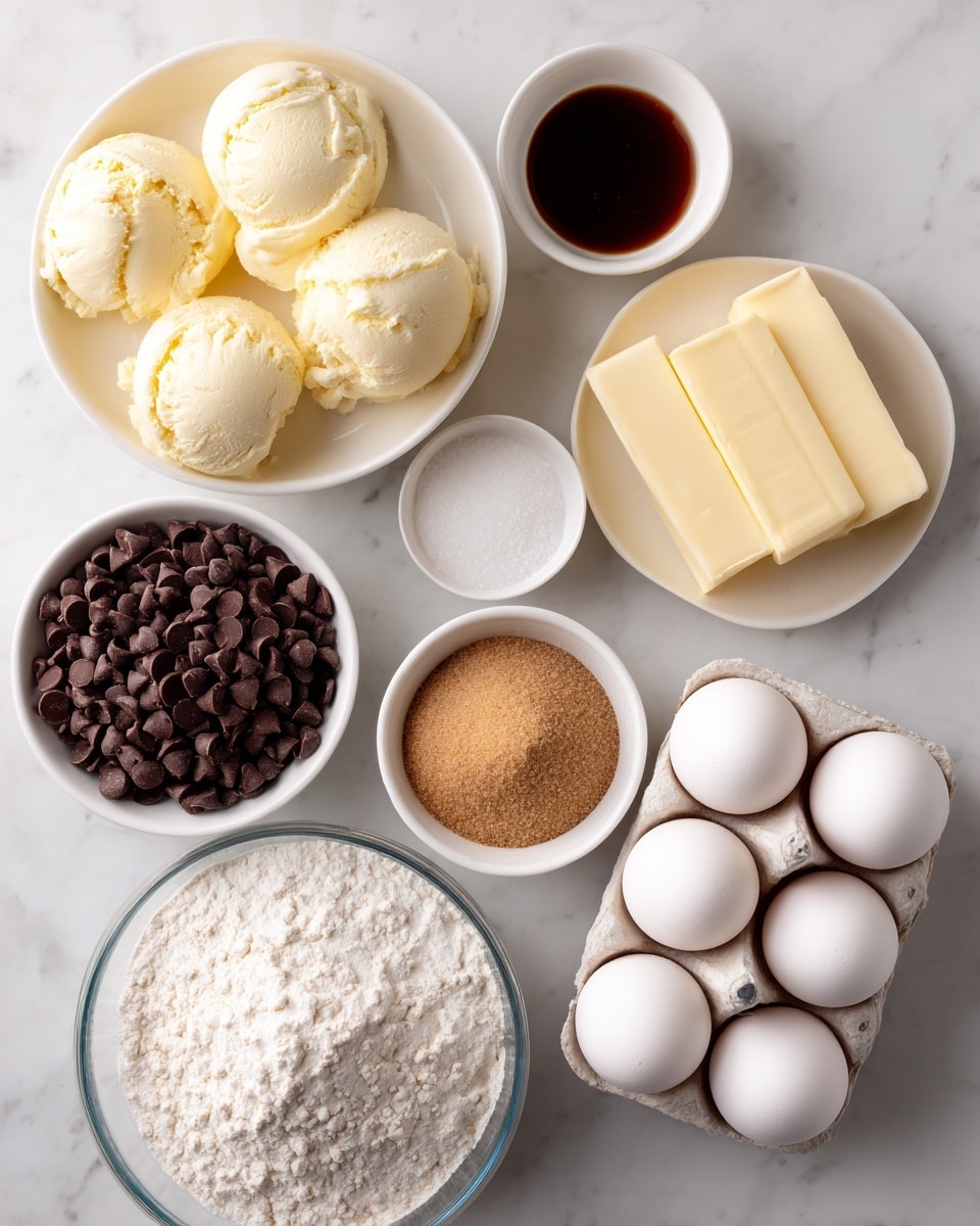 The image shows baking ingredients laid out on a white marbled surface. There are seven large white eggs arranged in a carton on the right side, with two sticks of light yellow butter placed beside them. Above the eggs and butter, there are two small white bowls, one filled with dark brown vanilla extract and the other with white baking soda or salt. In the upper middle, a white bowl holds several scoops of pale yellow ice cream or butter. To the left, a small white bowl is filled with dark brown chocolate chips. Below the chocolate chips, a glass bowl contains light brown sugar, and next to it is a large glass bowl with white flour. The arrangement is neat and well spaced, showing ingredients before baking. Photo taken with an iphone --ar 4:5 --v 7
