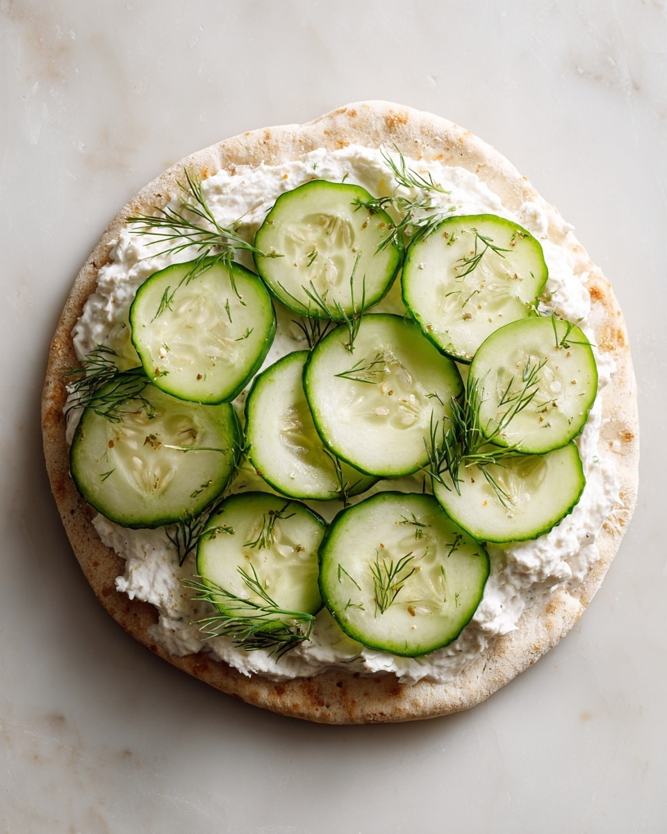 A single round flatbread placed on a white marbled surface is spread with an even layer of white cream cheese mixed with small green dill pieces, giving the spread a slightly textured look. On top, there are about fifteen thin round slices of bright green cucumber evenly placed covering most of the cream cheese, showing their pale seeds and smooth edges with some dill sprigs peeking through the gaps. The flatbread has a light beige color with a soft, slightly rough texture visible on the uncovered edges. photo taken with an iphone --ar 4:5 --v 7