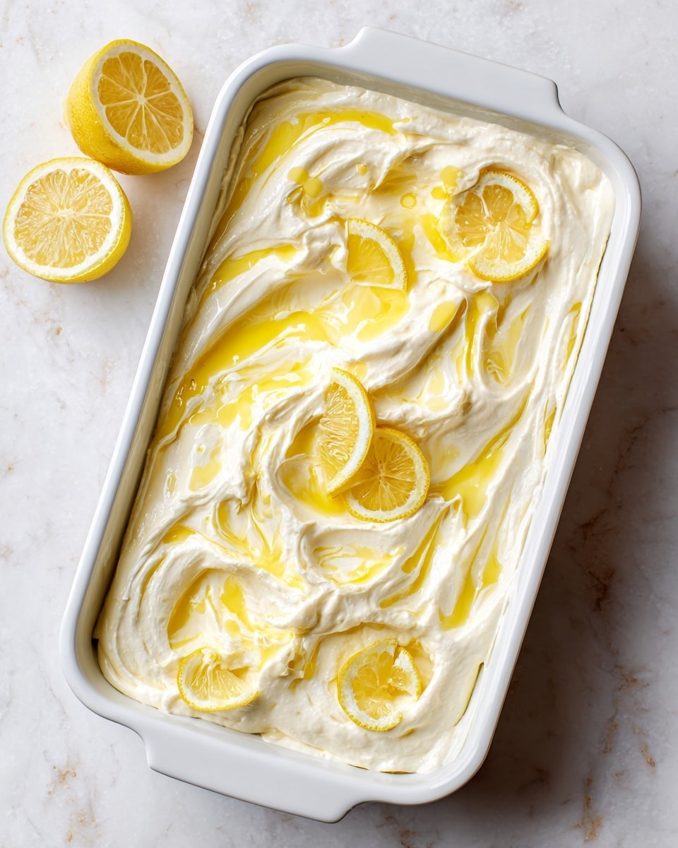 A white rectangular dish holds a creamy dessert with two visible layers; the main layer is thick and smooth with a pale off-white color, and a bright yellow sauce is swirled on top in loose, flowing streaks. Thin, round lemon slices, pale yellow with translucent centers, are spread evenly across the surface. The dish sits on a white marbled surface, and a sliced lemon is visible at the top left corner. The overall look is fresh and light, with a soft texture emphasized by gentle swirls in the cream. Photo taken with an iphone --ar 4:5 --v 7