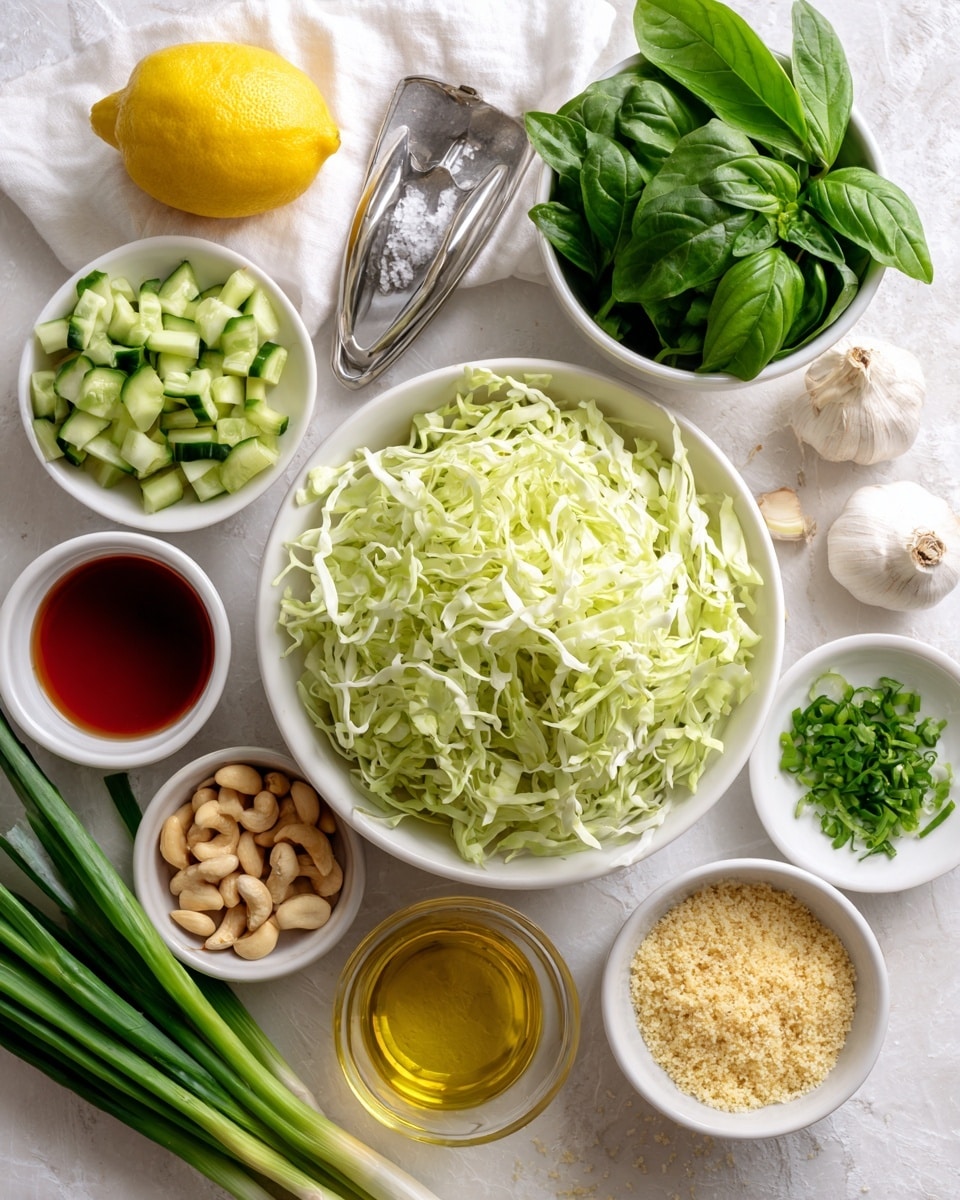 The image shows a white round bowl full of finely shredded light green cabbage placed near the center on a white marbled textured surface. Above it, a smaller white bowl holds fresh, bright green spinach leaves. To the right of the cabbage, another white bowl contains fresh dark green basil leaves, and chopped green chives lie scattered beside it. A cluster of whole garlic cloves and a small white bowl with a grainy yellow powder labeled nutritional yeast sit below the cabbage. Nearby, a small white bowl holds a reddish liquid labeled rice vinegar. To the left of the cabbage are small white bowls with chopped green cucumber and pale tan cashew nuts. A clear glass bowl with golden olive oil and a halved lemon with bright yellow juice sits beside a silver lemon squeezer. Green onions with long stalks lie to the far left, and a small red bowl with salt rests beside the garlic and nutritional yeast. The whole setup is on a white marbled textured background. photo taken with an iphone --ar 4:5 --v 7