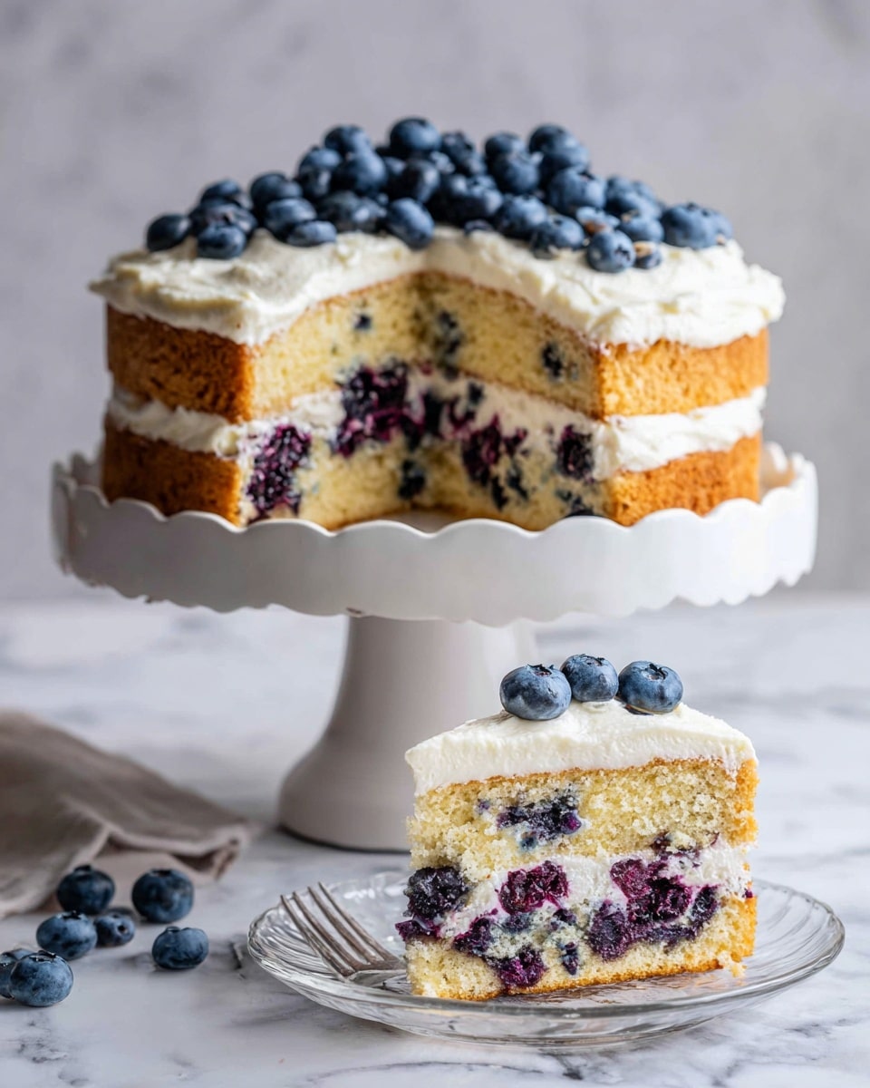 This image shows a two-layer round cake on a white marbled surface. Each cake layer is light yellow with visible blueberries baked inside, creating small purple spots throughout. Between the two layers is a smooth layer of creamy white frosting. The top of the cake has a thick coat of the same white frosting, decorated with a pile of fresh blueberries. A few blueberries are also placed on the white marbled surface near the base of the cake. The textures show a soft and moist cake with a creamy, smooth frosting layer on top and between the layers. Photo taken with an iphone --ar 4:5 --v 7