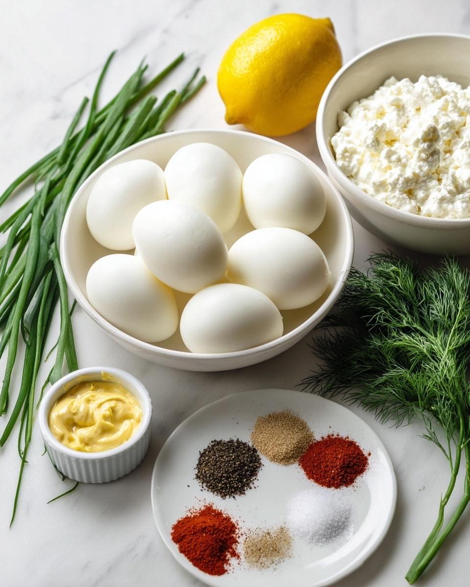A white bowl filled with seven smooth, peeled hard-boiled eggs sits on a white marbled surface. Behind it, a bright yellow lemon rests, adding a pop of color. To the right is another white bowl containing white, lumpy cottage cheese. Fresh green dill sprigs lie on the surface near the bowls. In the foreground, bunches of green chives stretch out to the left, and a small white ramekin holds a dollop of yellow mustard. Next to it, a white plate displays neatly arranged piles of red, black, light beige spices, and coarse white salt. Photo taken with an iphone --ar 4:5 --v 7